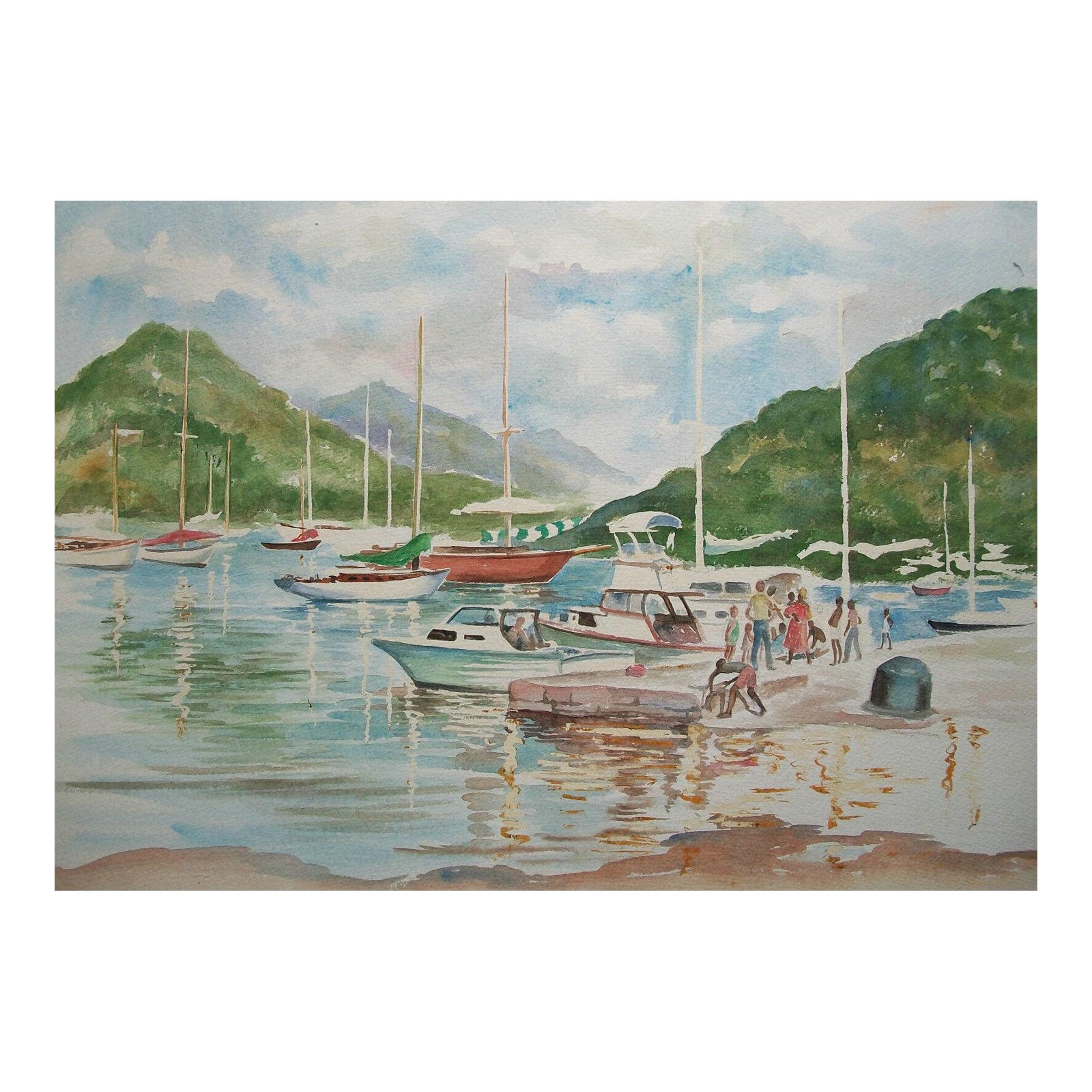 MARGARET COCHRANE - Pittura ad acquerello con scena francese su due lati - XX secolo in vendita