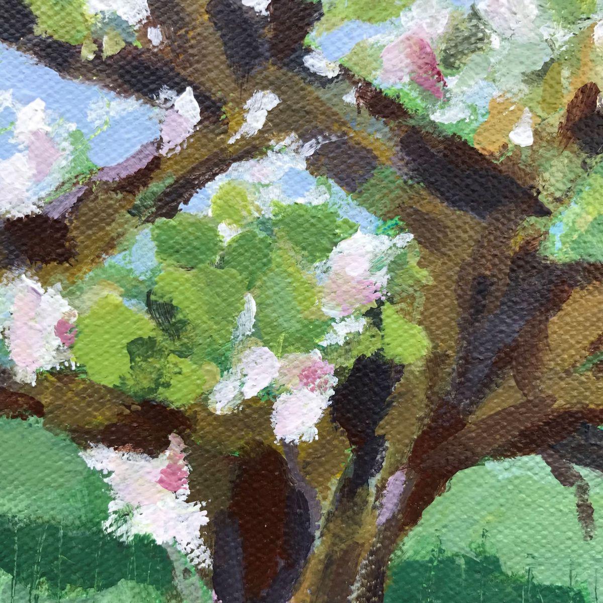 The old Apple Tree, Margaret Crutchley, Landscape art, Original painting  - Gray Landscape Painting by Margaret Crutchley 