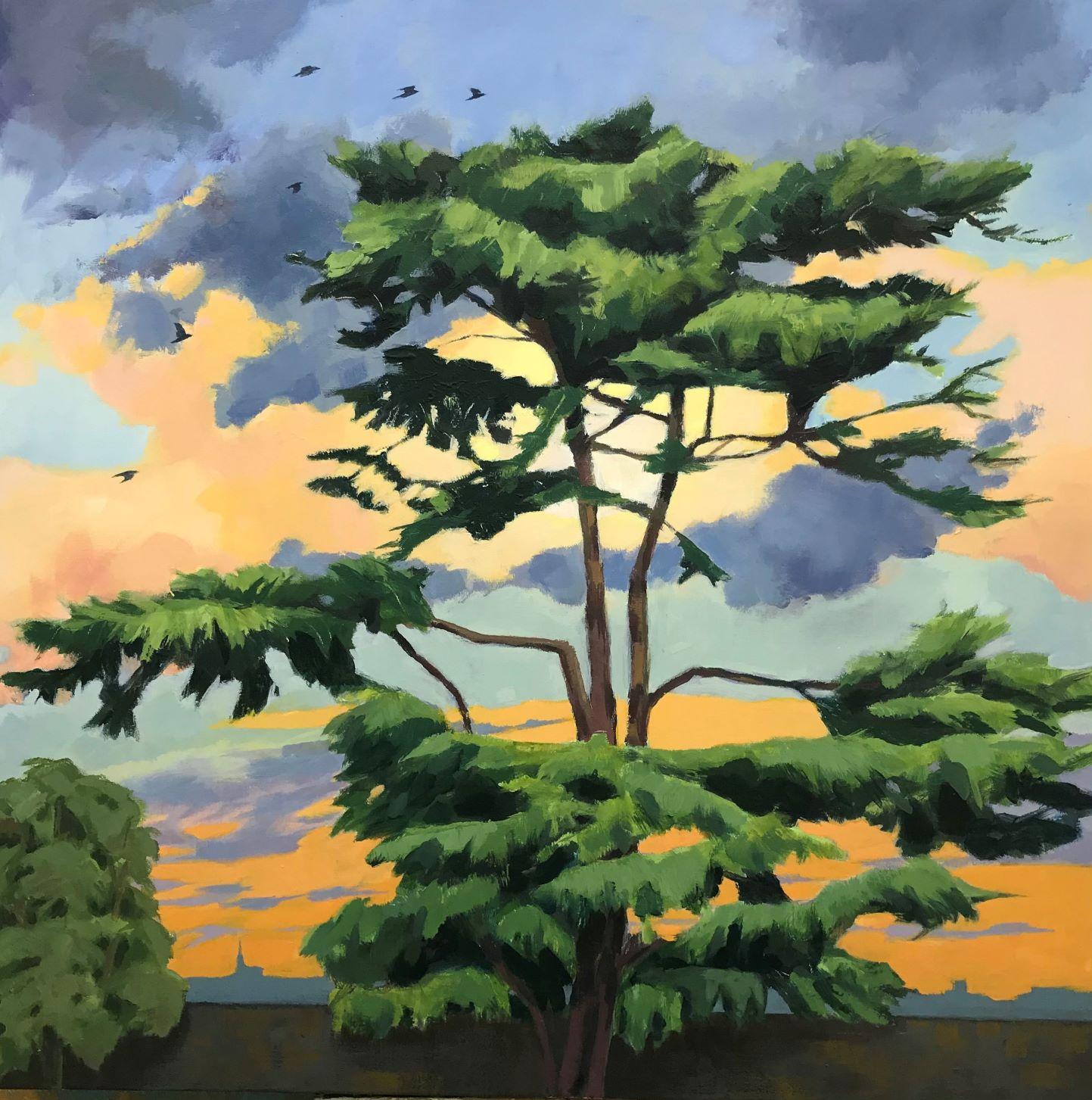 Margaret Crutchley, cèdre du Liban au coucher du soleil, Art des arbres, peinture de coucher de soleil