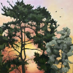 Margaret Crutchley, Sunrise, peinture originale, Art de l'arbre, Art du lever du soleil, Pink Art
