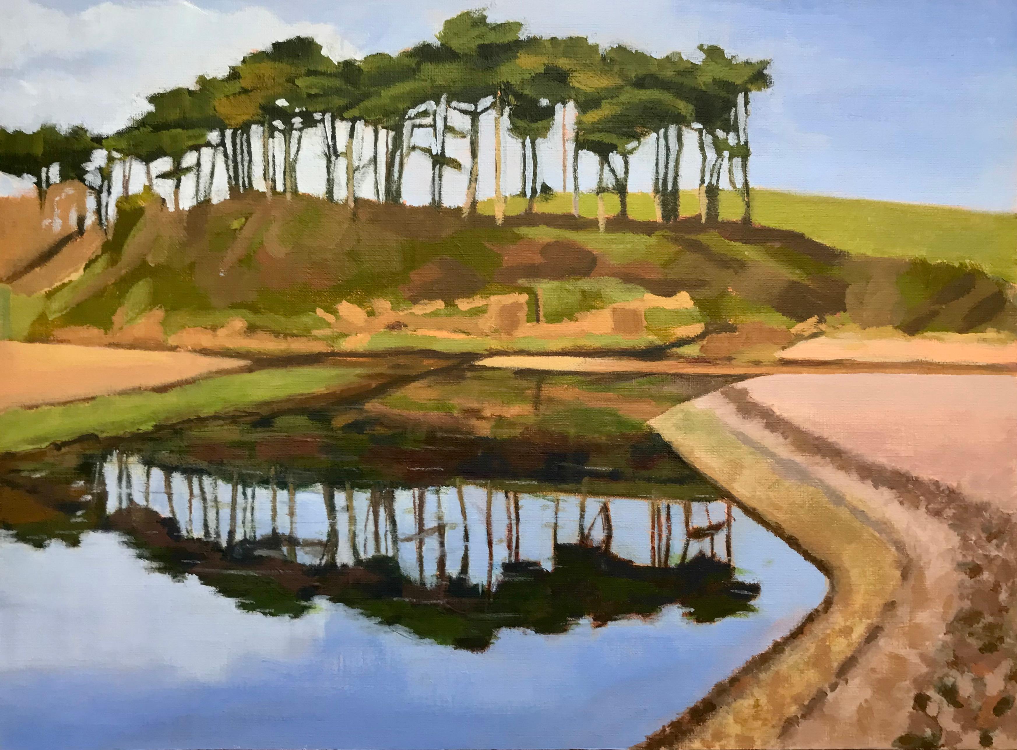 River Estuary, Landscape, Costal, Devon, Acrylic paint on board - Brown Landscape Painting by Margaret Crutchley