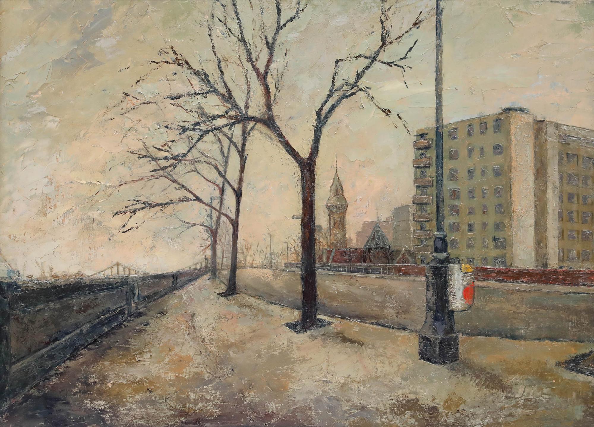 D. Moore  - 20th Century Oil, Suburban Dusk - Painting by Margaret D. Moore Ewert