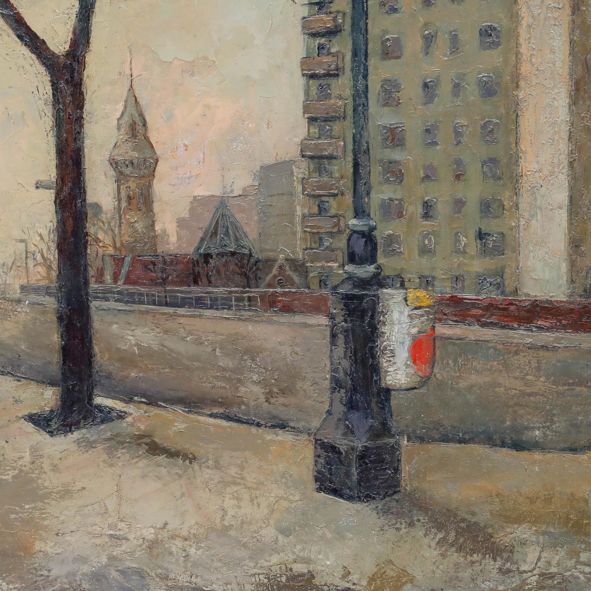 This urban landscape captures the stark beauty of a city in winter, with bare trees silhouetted against a hazy, warm-hued sky. The composition balances the organic forms of nature with the geometric lines of apartment buildings and a distant clock