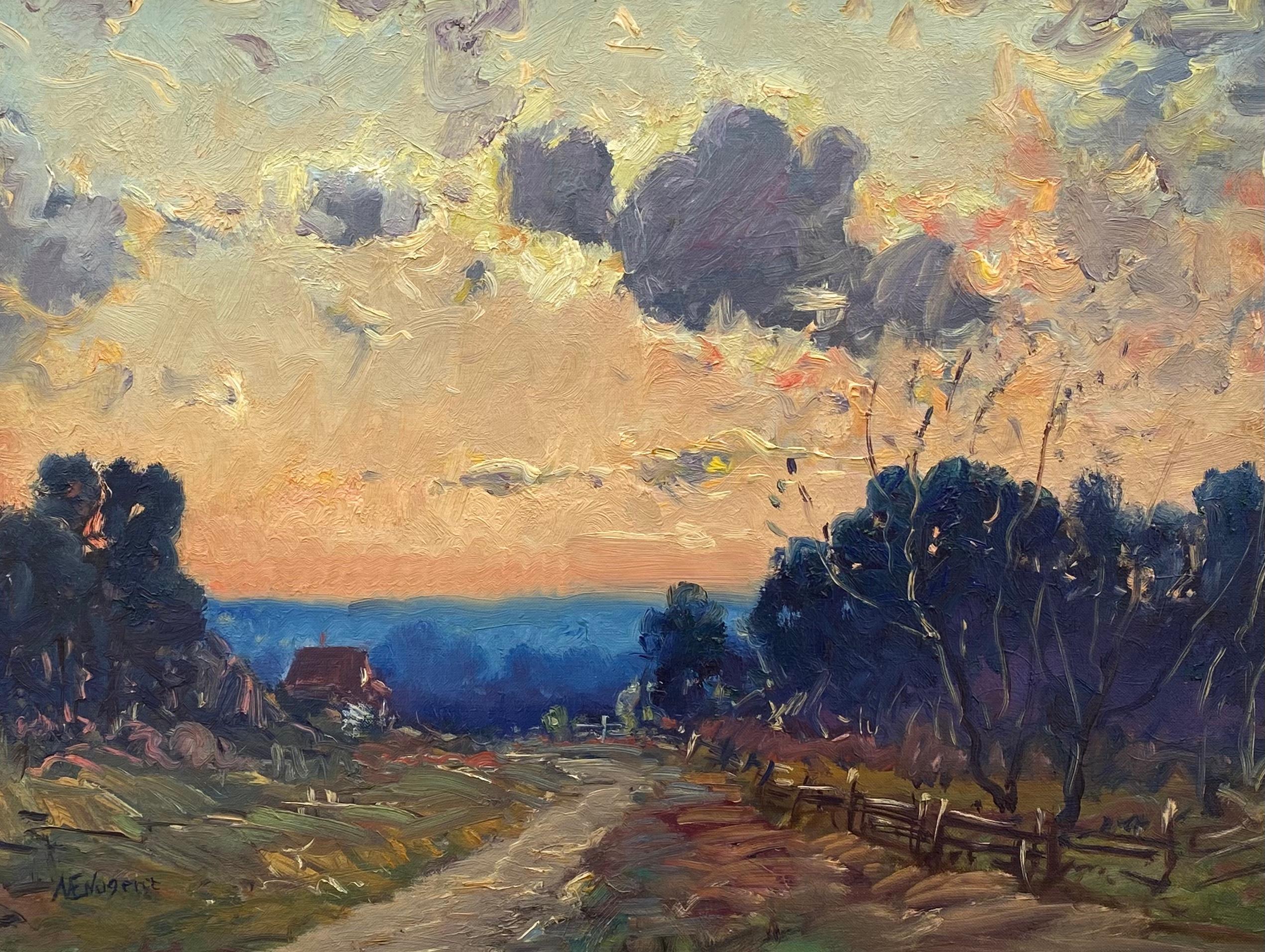 Original oil on artist canvas board of a sunset on a rural country lane by the American artist, Margaret E. Nugent. Signed lower left and verso as well. Circa 1940. Condition of painting is excellent.  Overall framed measurements are 18.5 by 22.5