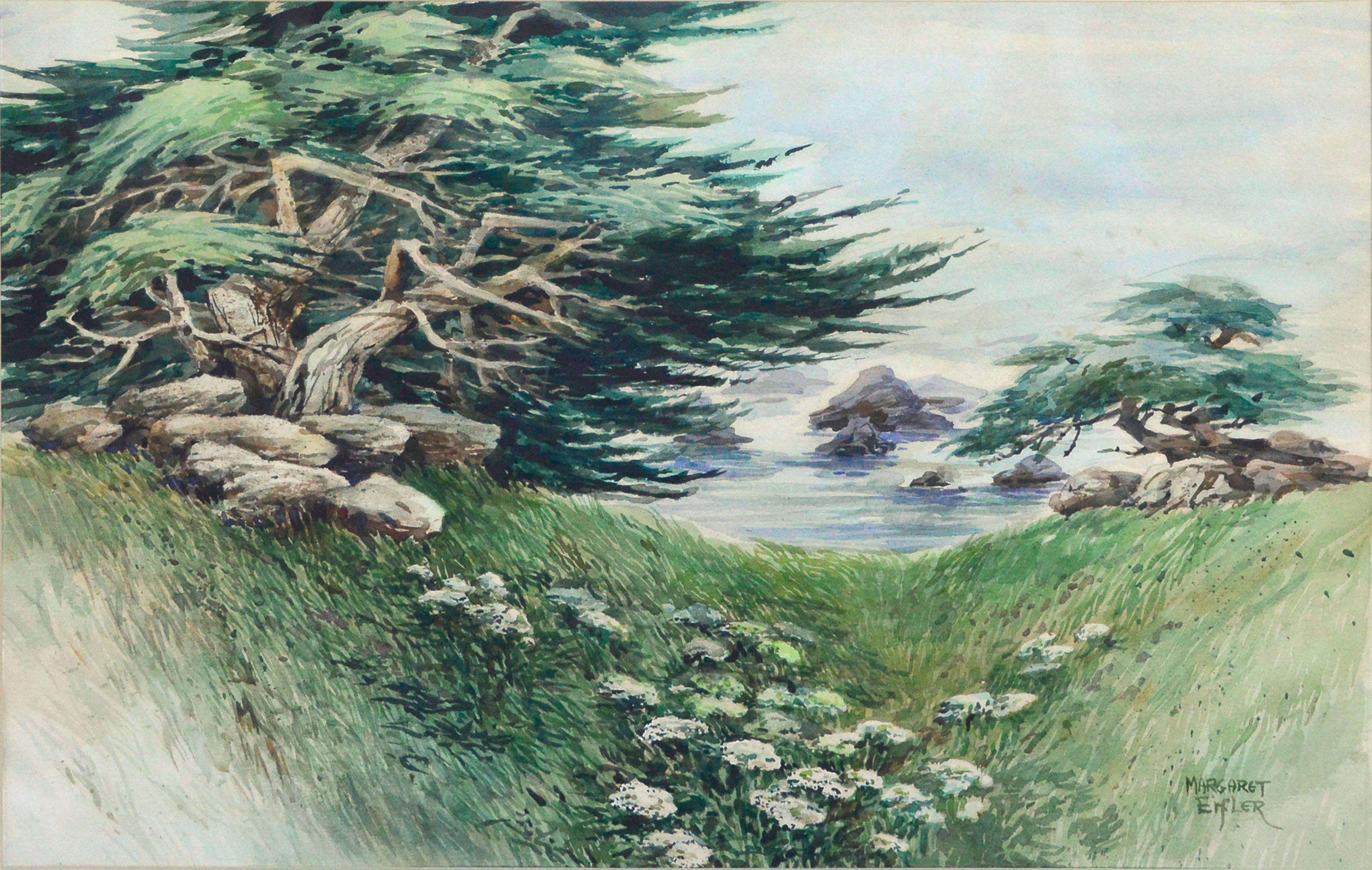 Landscape Painting Margaret Eifler - Paysage aquarelle vintage de Carmel -- Cyprès du rivage