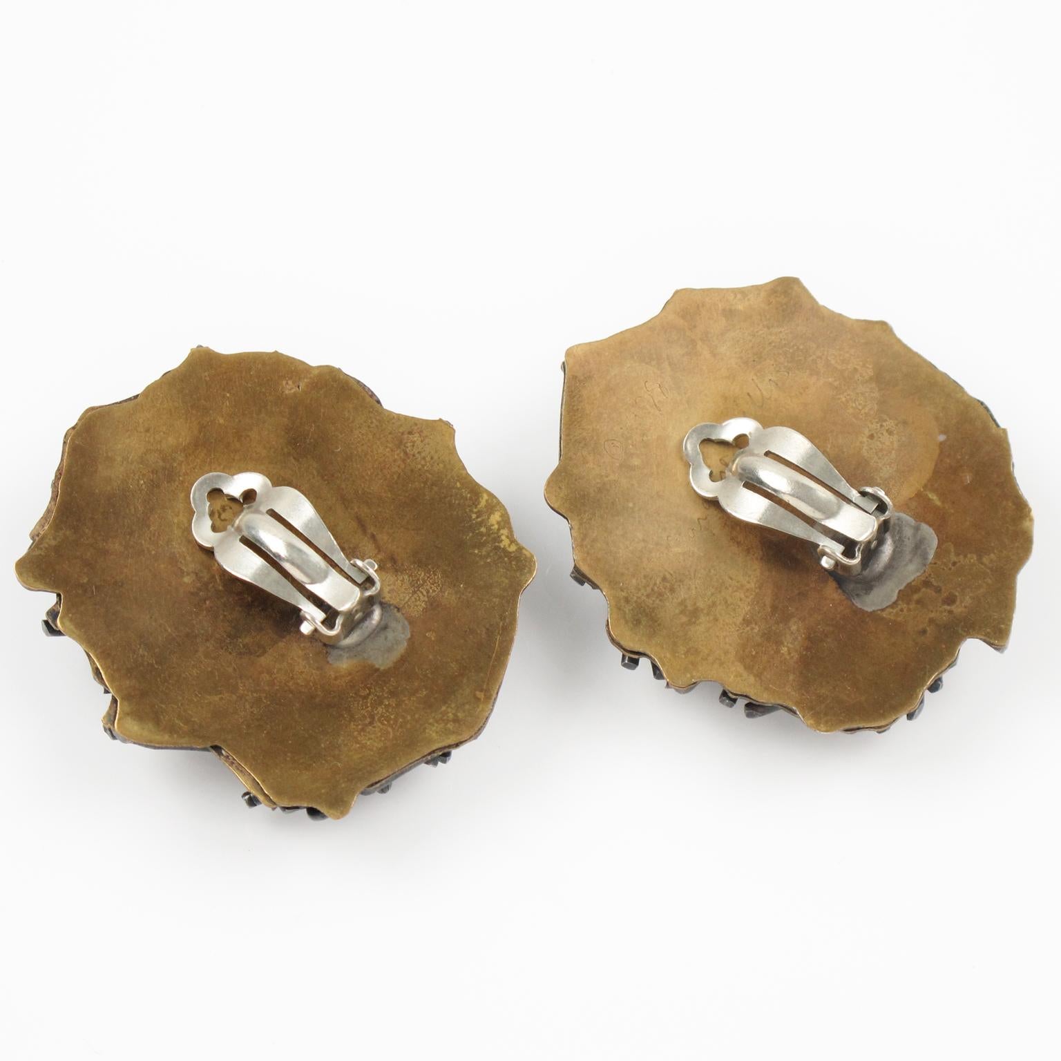 Modernist Margaret Ellis Sterling Silver and Bronze Brutalist Clip Earrings For Sale