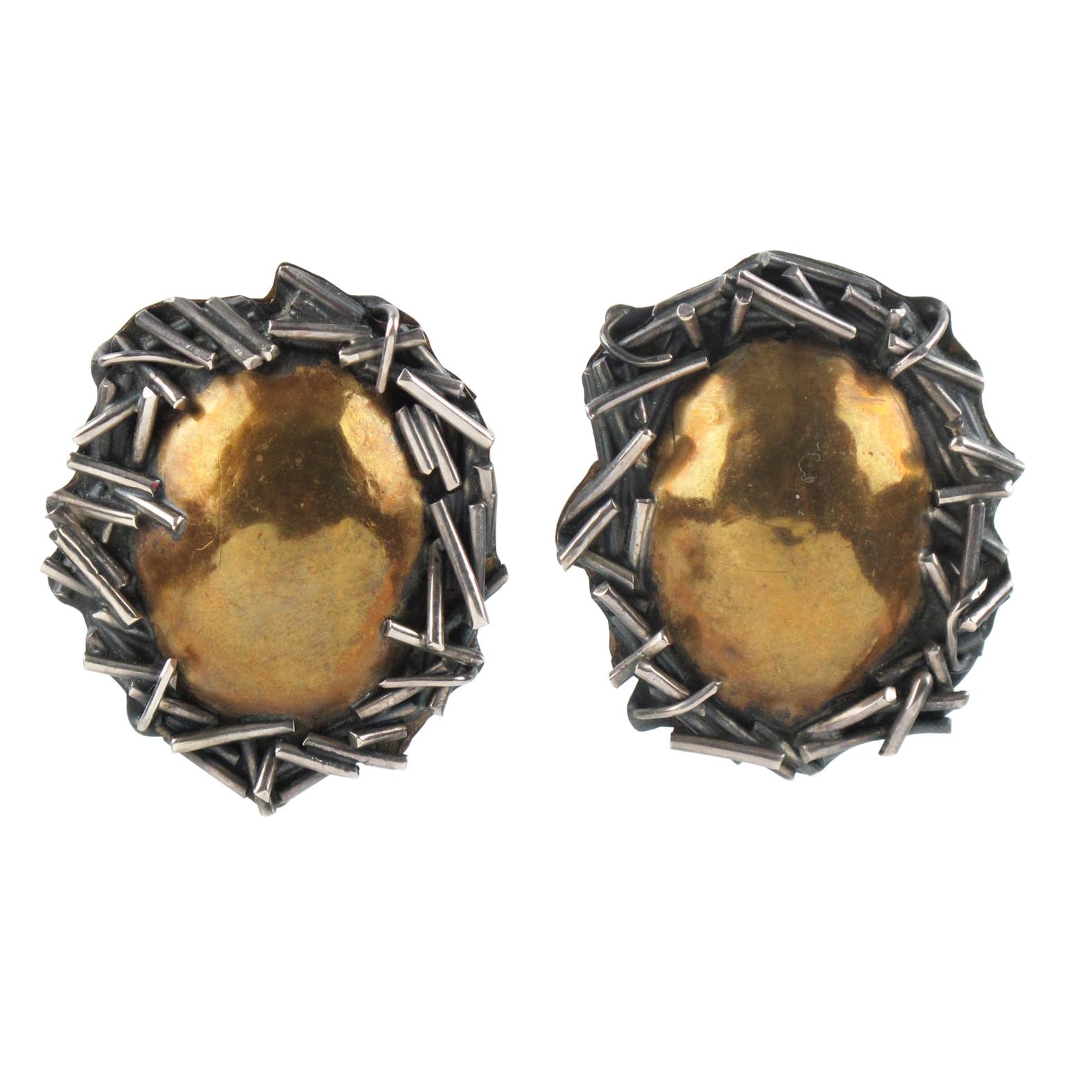 1980s Margaret Ellis Brutalist Bronze and Sterling Silver Earrings For