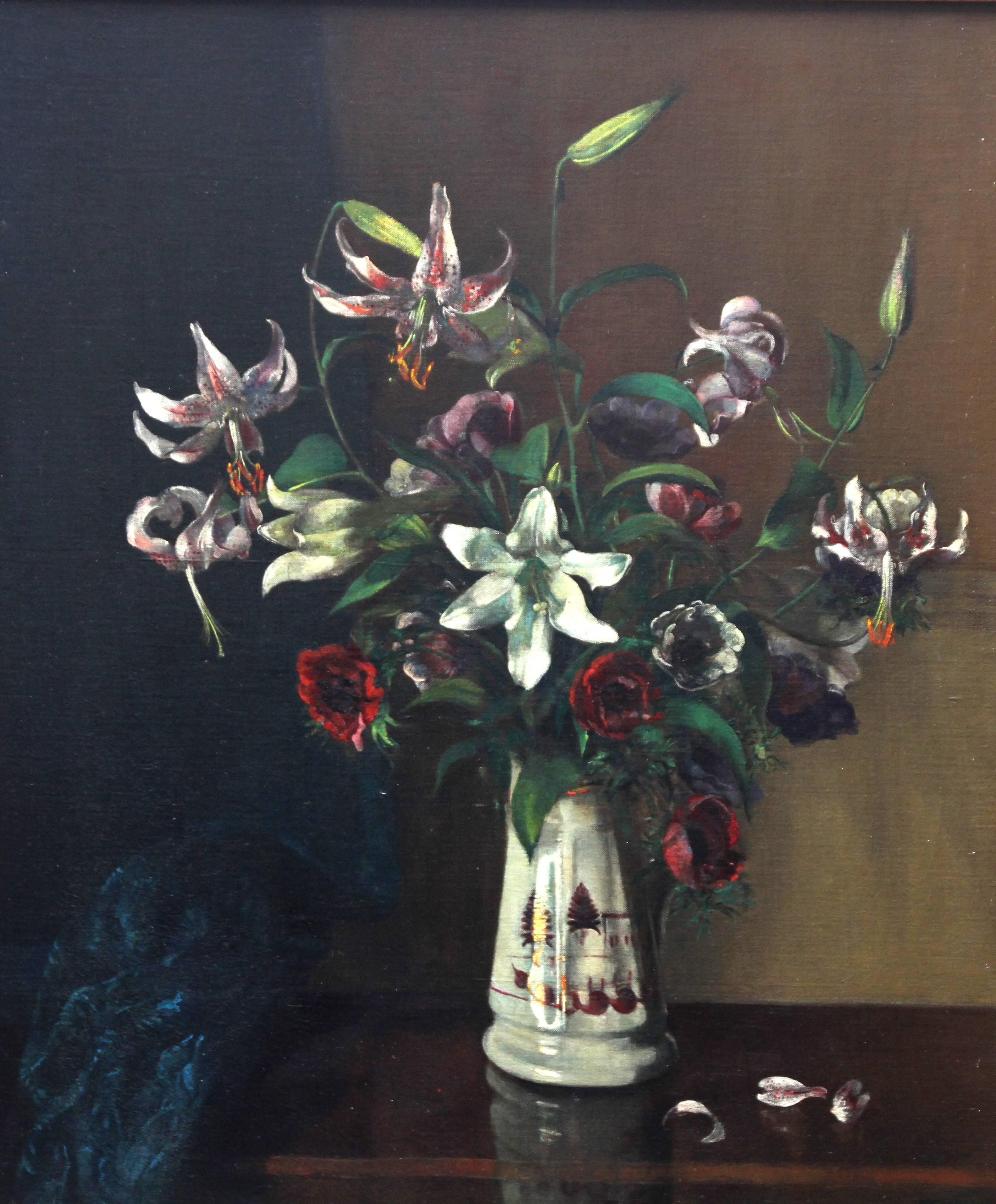 Floral Arrangement - British art 1920's oil painting still life lilies flowers - Painting by Margaret Evangeline Wilson