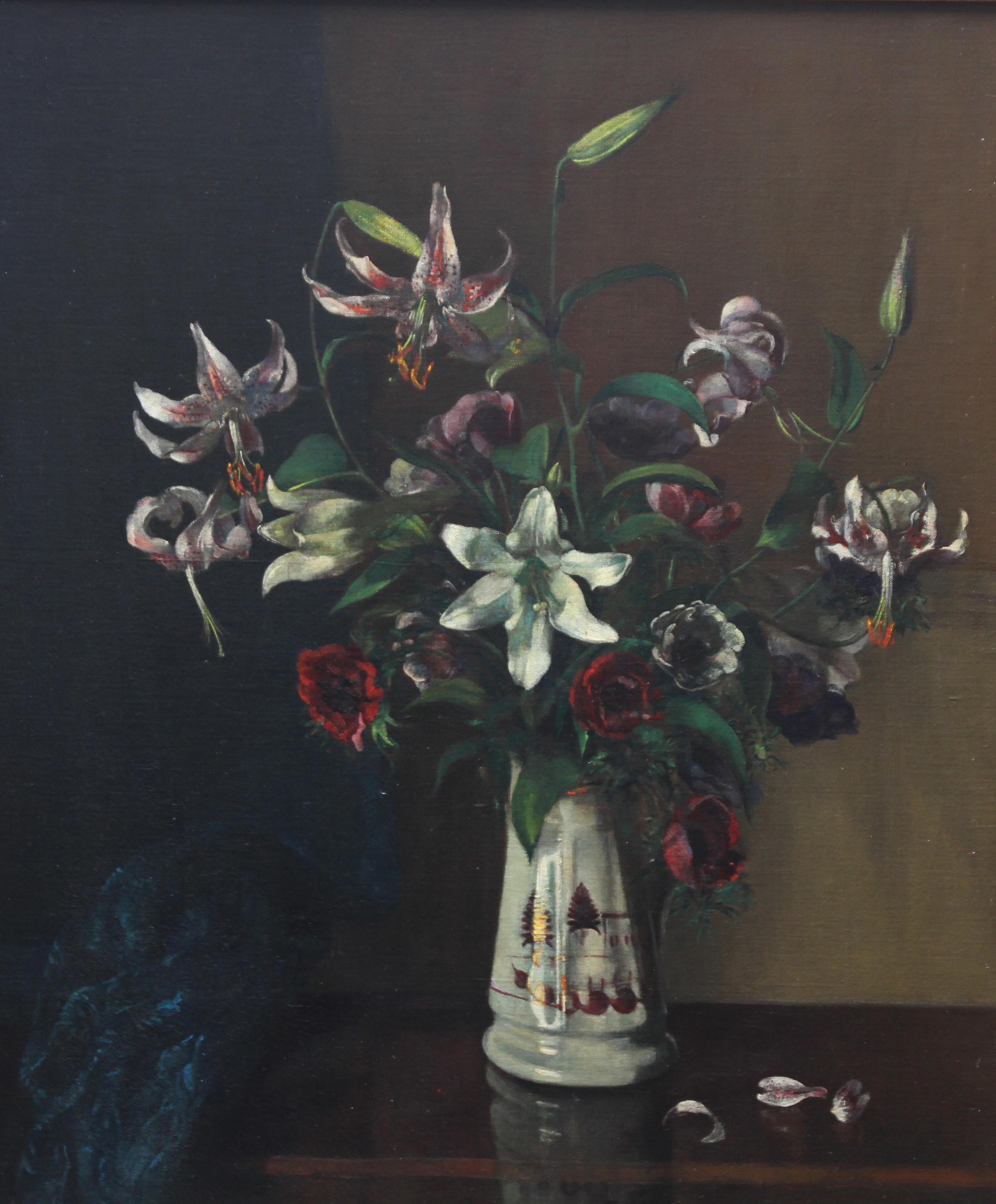 Floral Arrangement - British art 1920's oil painting still life lilies flowers For Sale 2