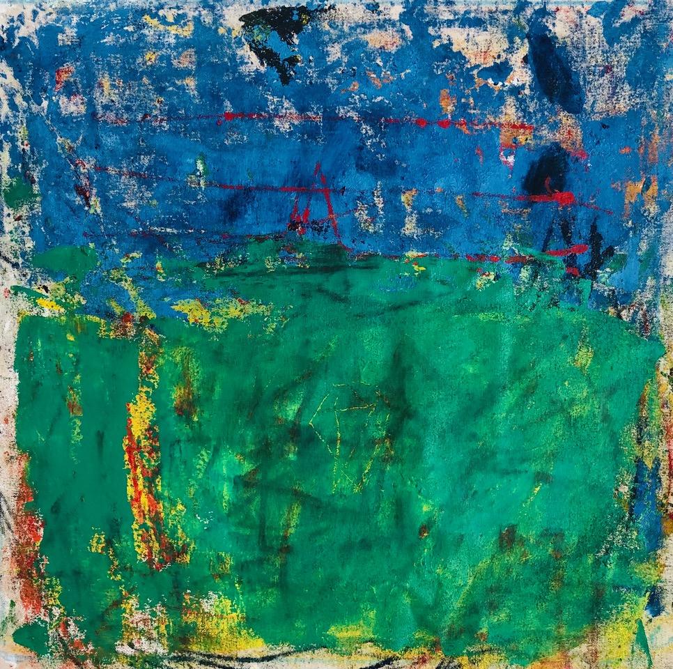Margaret Fitzgerald Abstract Painting - Campo, bright blue and green abstract expressionist oil painting on canvas