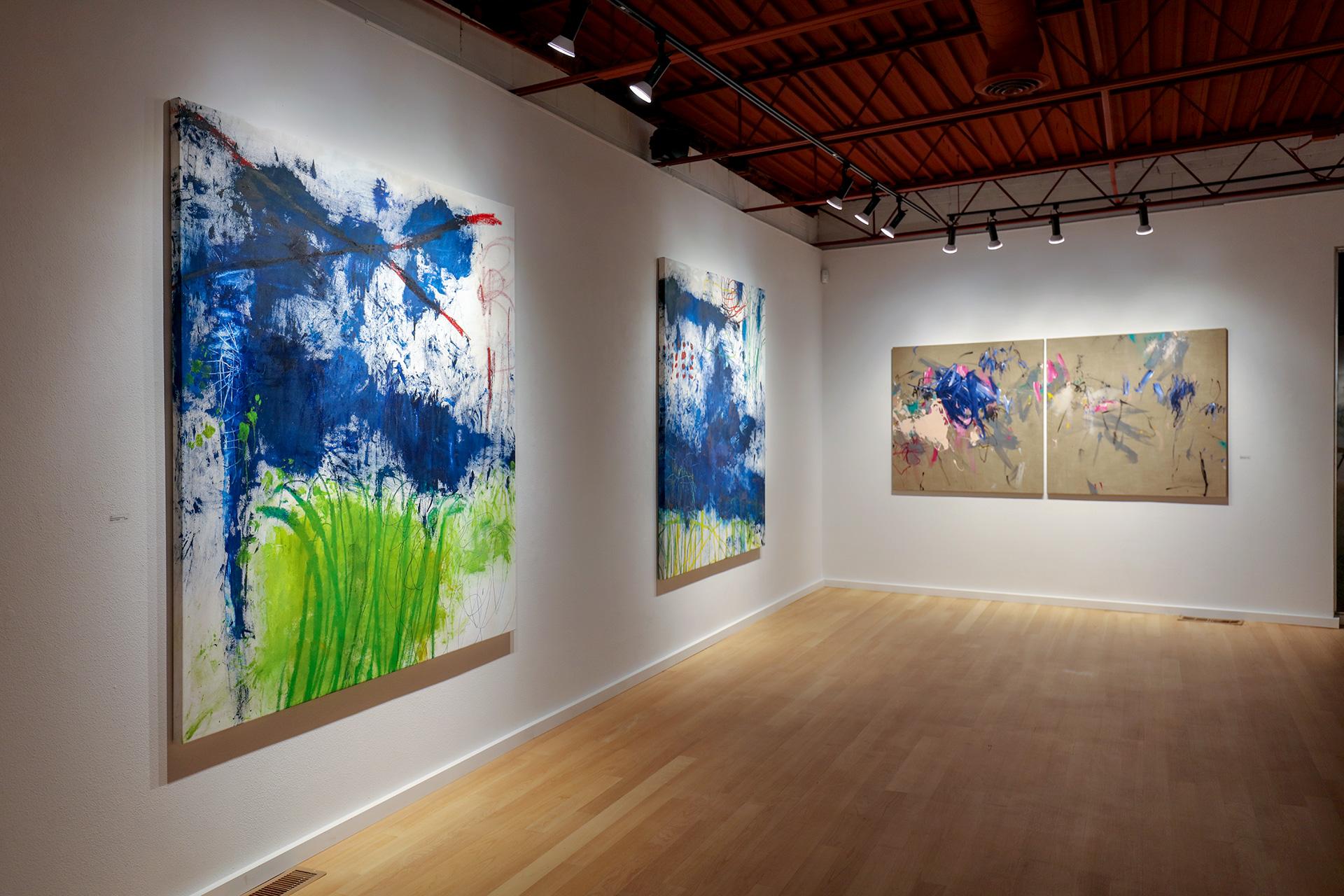 Echo (Abstract expressionist, oil on canvas, textured, blue, red accents) - Painting by Margaret Fitzgerald