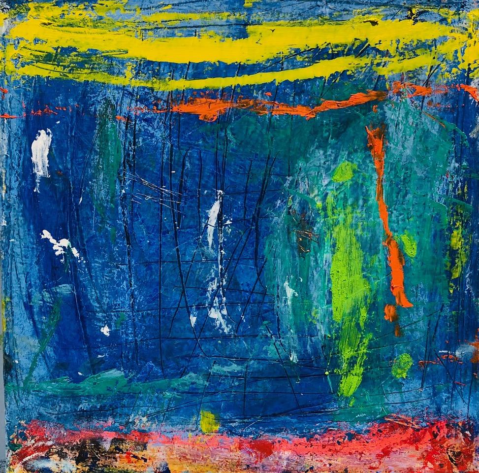 Margaret Fitzgerald Abstract Painting - Esperanza, blue, red and yellow abstract expressionist oil painting on canvas