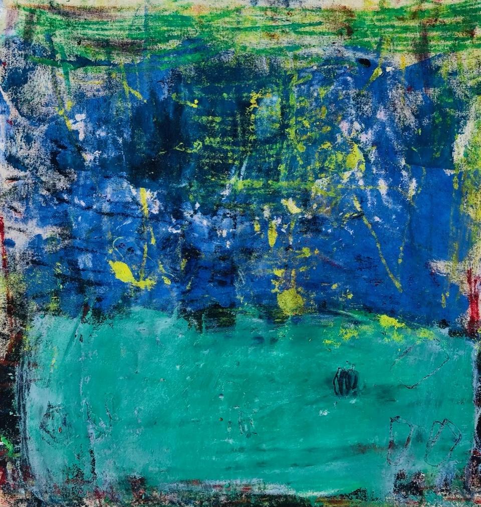 Margaret Fitzgerald Abstract Painting - Estrella, bright blue and green abstract expressionist oil painting on canvas