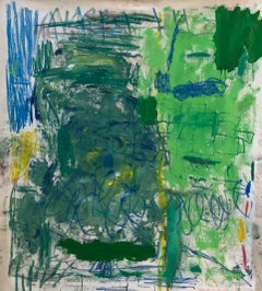 Green, multicolored abstract expressionist oil painting on canvas