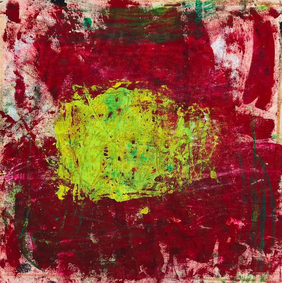 Margaret Fitzgerald Abstract Painting - La Cueva, bright red and yellow abstract expressionist oil painting on canvas