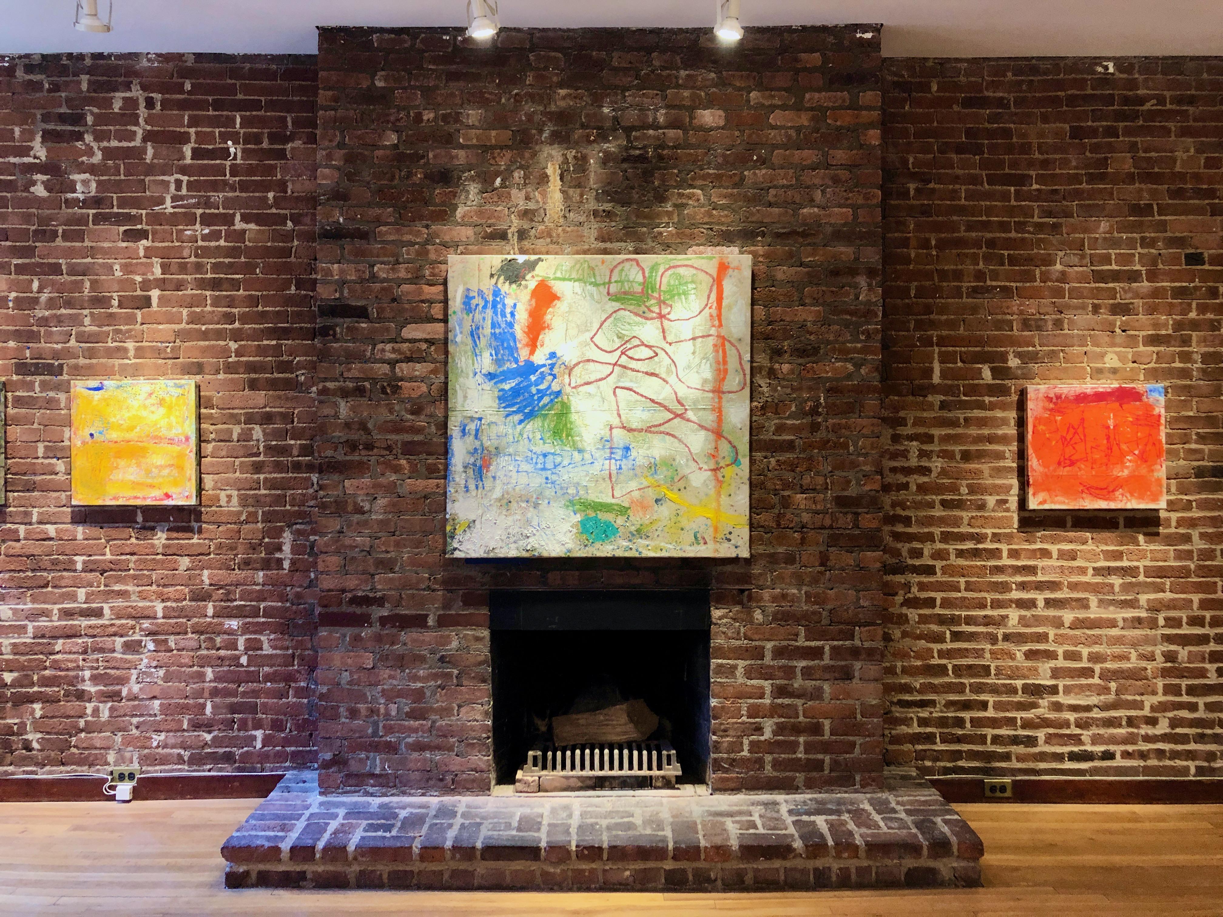 Peering Through, mehrfarbiges abstraktes expressionistisches Gemälde auf Leinwand (Abstrakter Expressionismus), Mixed Media Art, von Margaret Fitzgerald