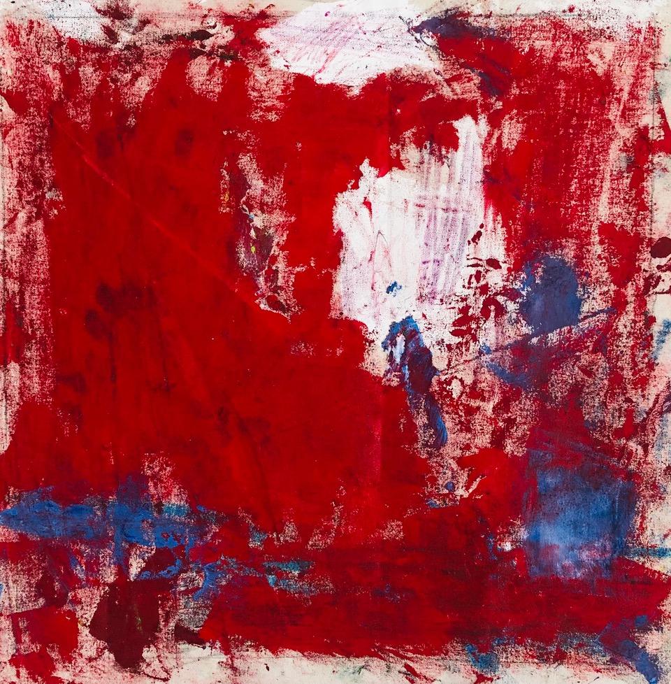 Margaret Fitzgerald Abstract Painting - Sangre, bright red abstract expressionist oil painting on canvas