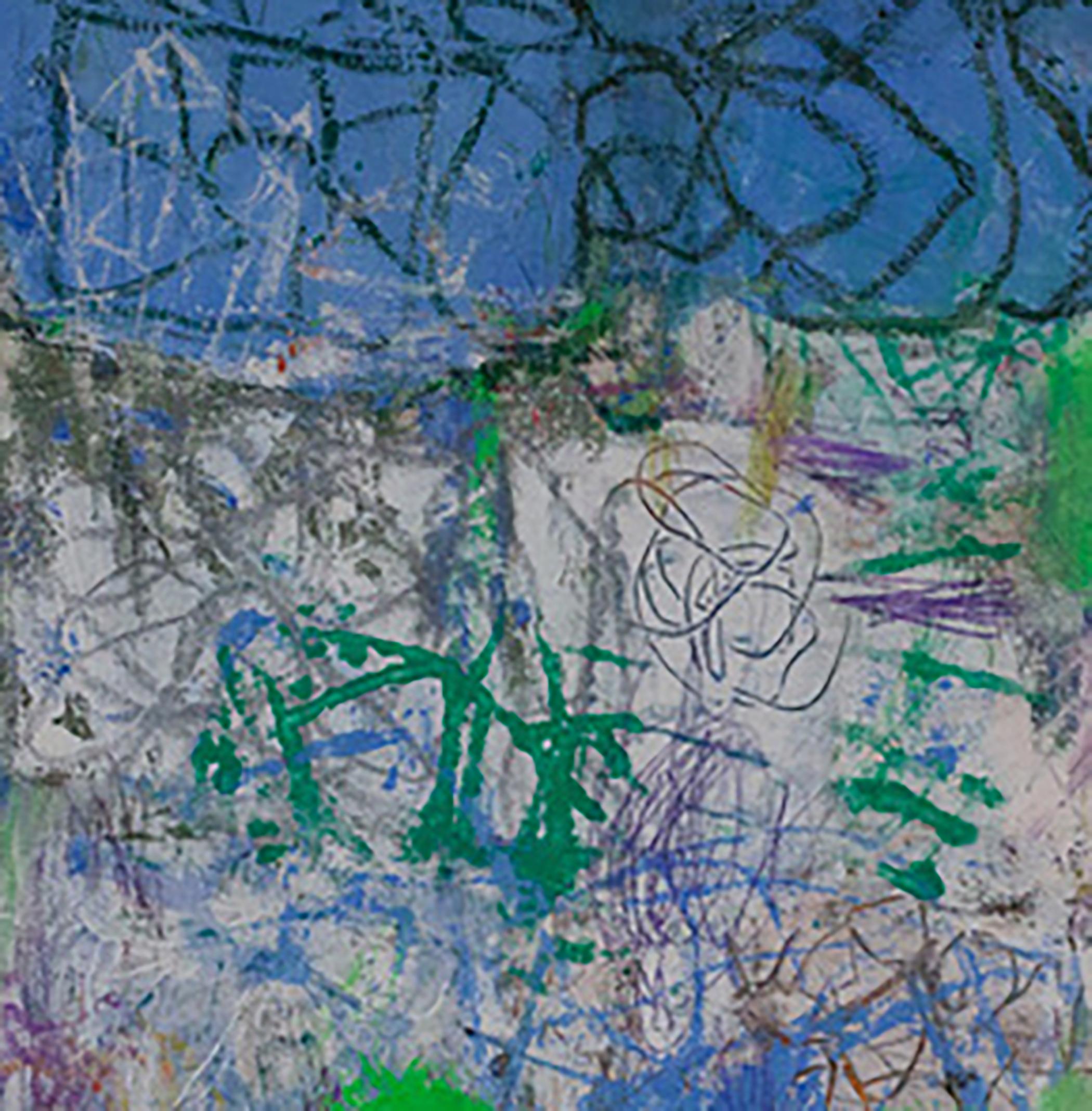 Secret Language, blue, green, white, abstract, gestural abstraction, graffiti - Painting by Margaret Fitzgerald
