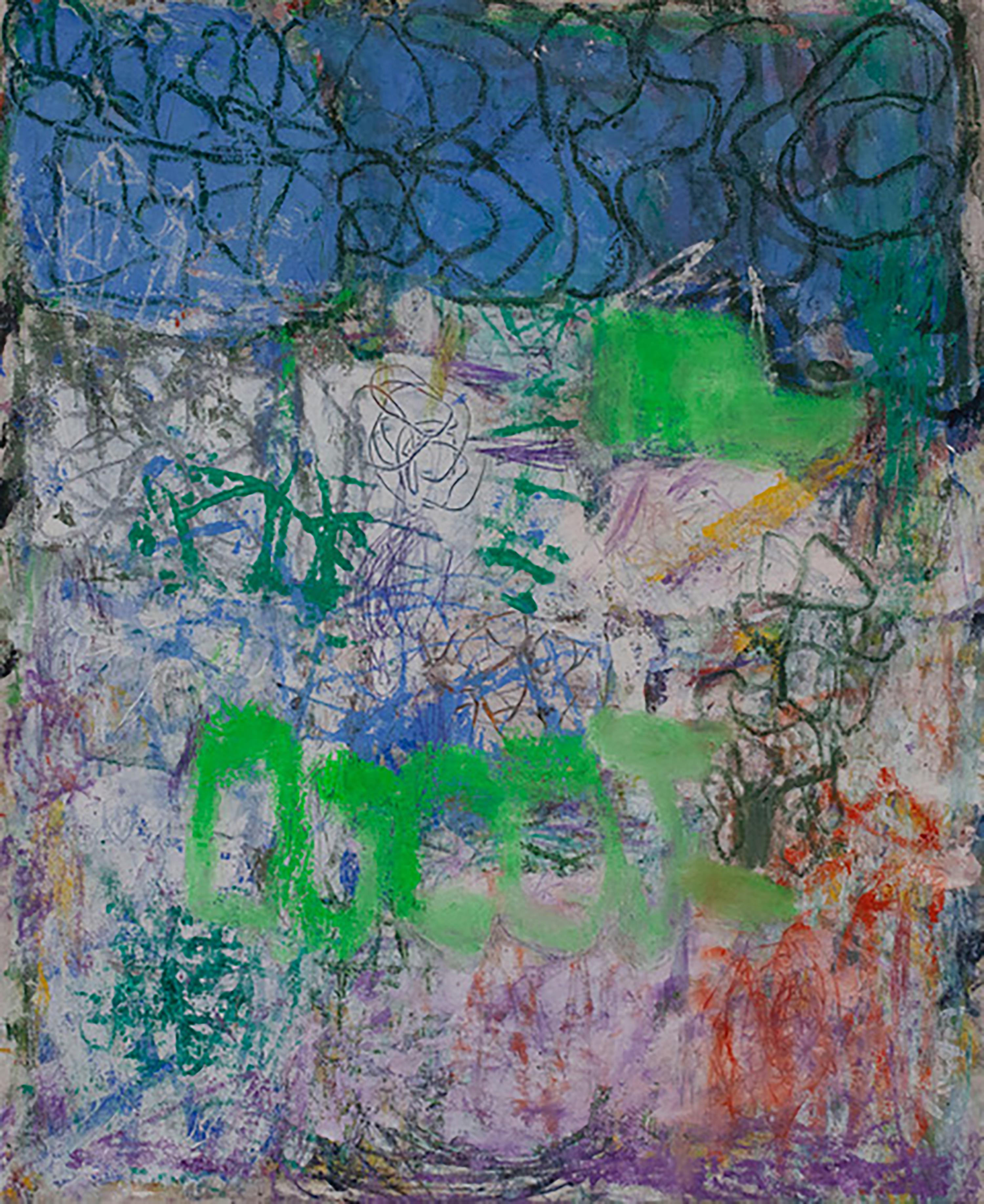 Margaret Fitzgerald Abstract Painting - Secret Language, blue, green, white, abstract, gestural abstraction, graffiti