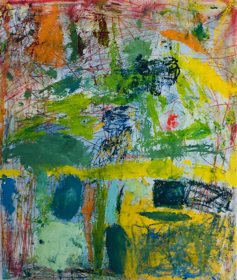 Skipping, multicolored abstract expressionist oil painting on canvas - Mixed Media Art by Margaret Fitzgerald