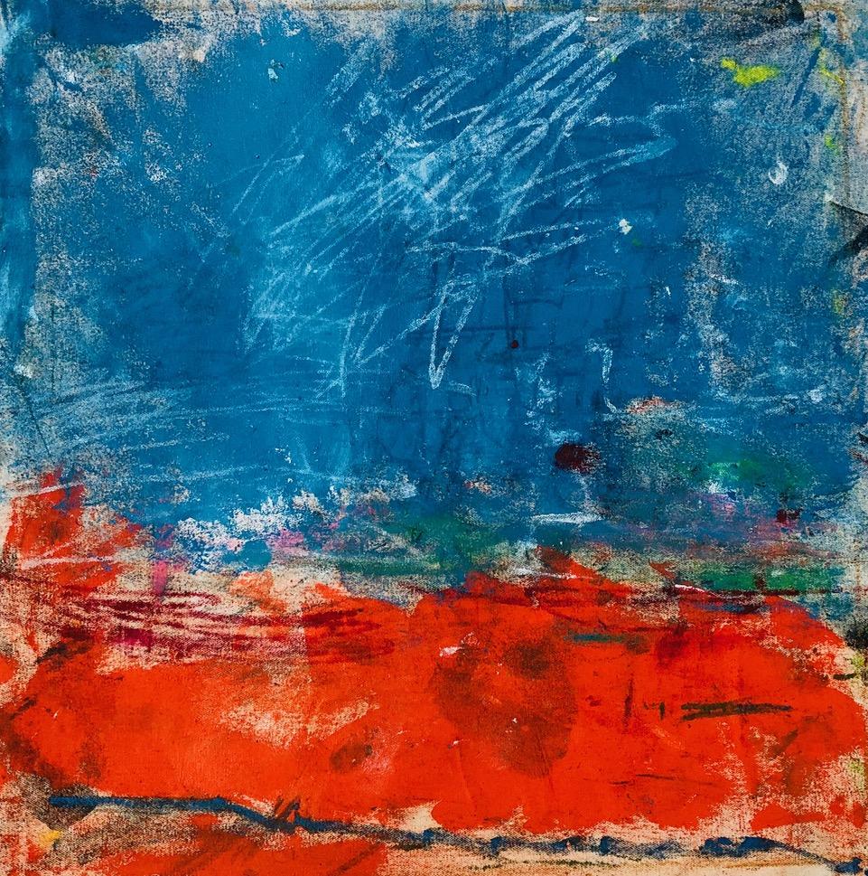 Margaret Fitzgerald Abstract Painting - Socorro, bright blue and red abstract expressionist oil painting on canvas