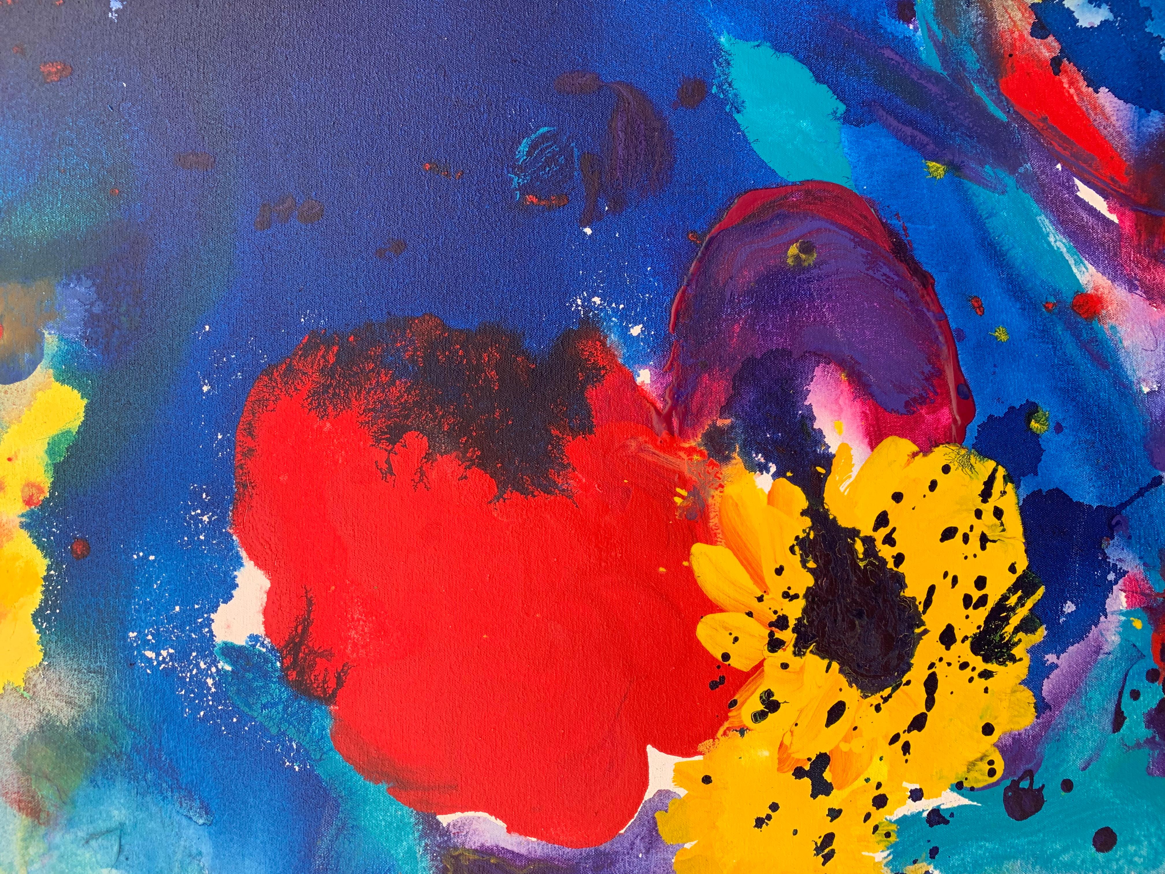 Abstract Flowers Blue Red Yellow Purple Painting entitled 'When Sonny gets Blue' from Modern British Artist Margaret Francis, widow of famous Abstract Expressionist Artist, Sam Francis. 

Margaret Francis received her Degree in Fine Art from