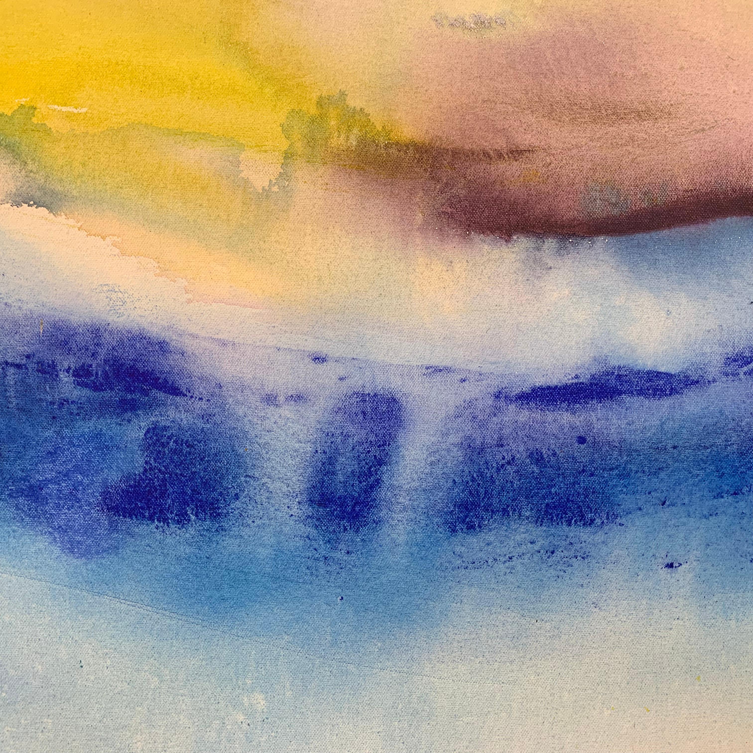 Abstract Landscape Seascape Blue Yellow Purple Painting from British Artist - Brown Abstract Drawing by Margaret Francis