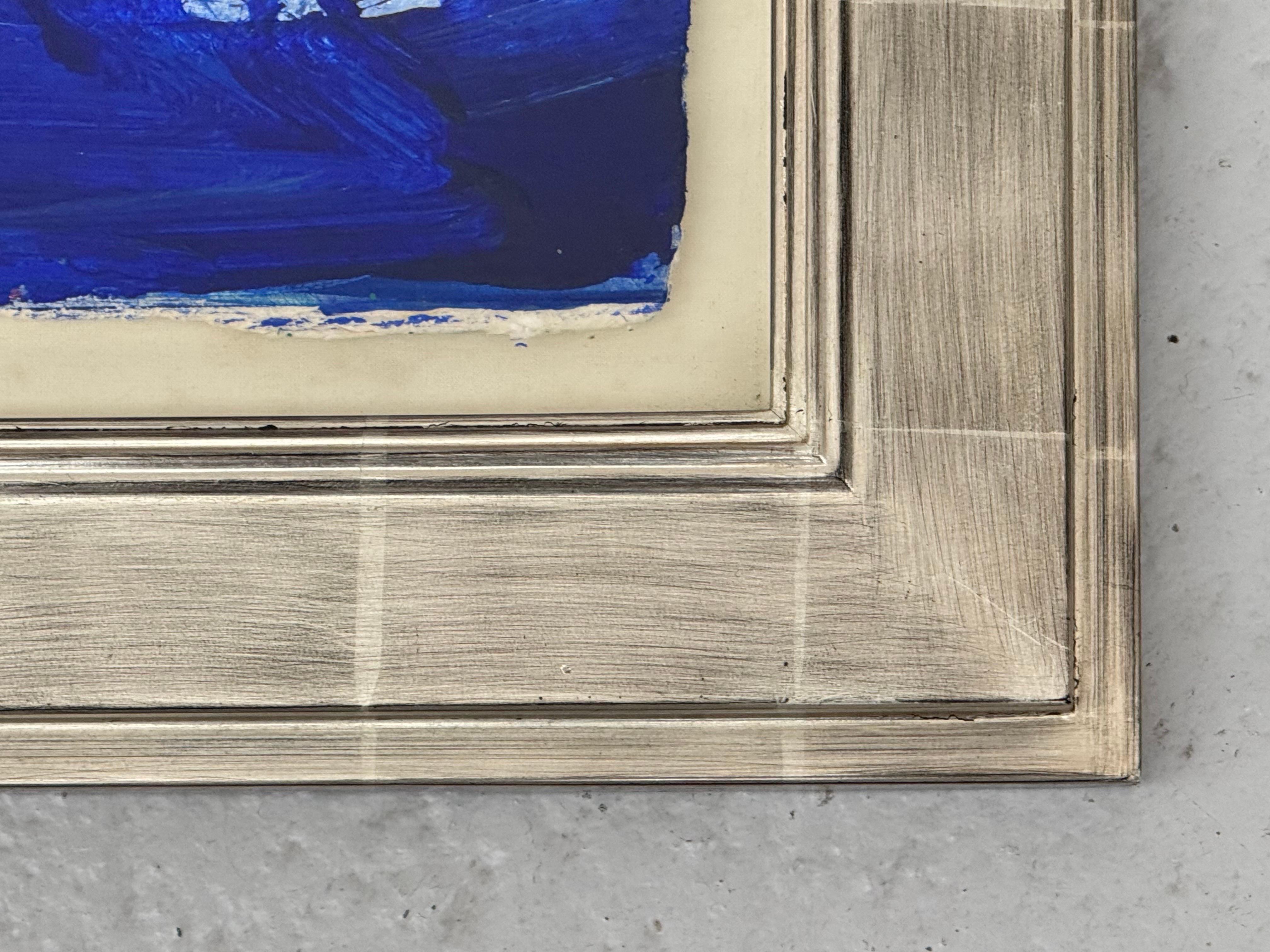 California Sunset - Blue, Red & Yellow Modern Abstract Landscape Seascape Painting art on thick washi paper mounted behind glass in a silver leaf frame 

Art measures 30 x 23 inches 
Frame measures 37 x 30 inches 

Margaret Francis received her