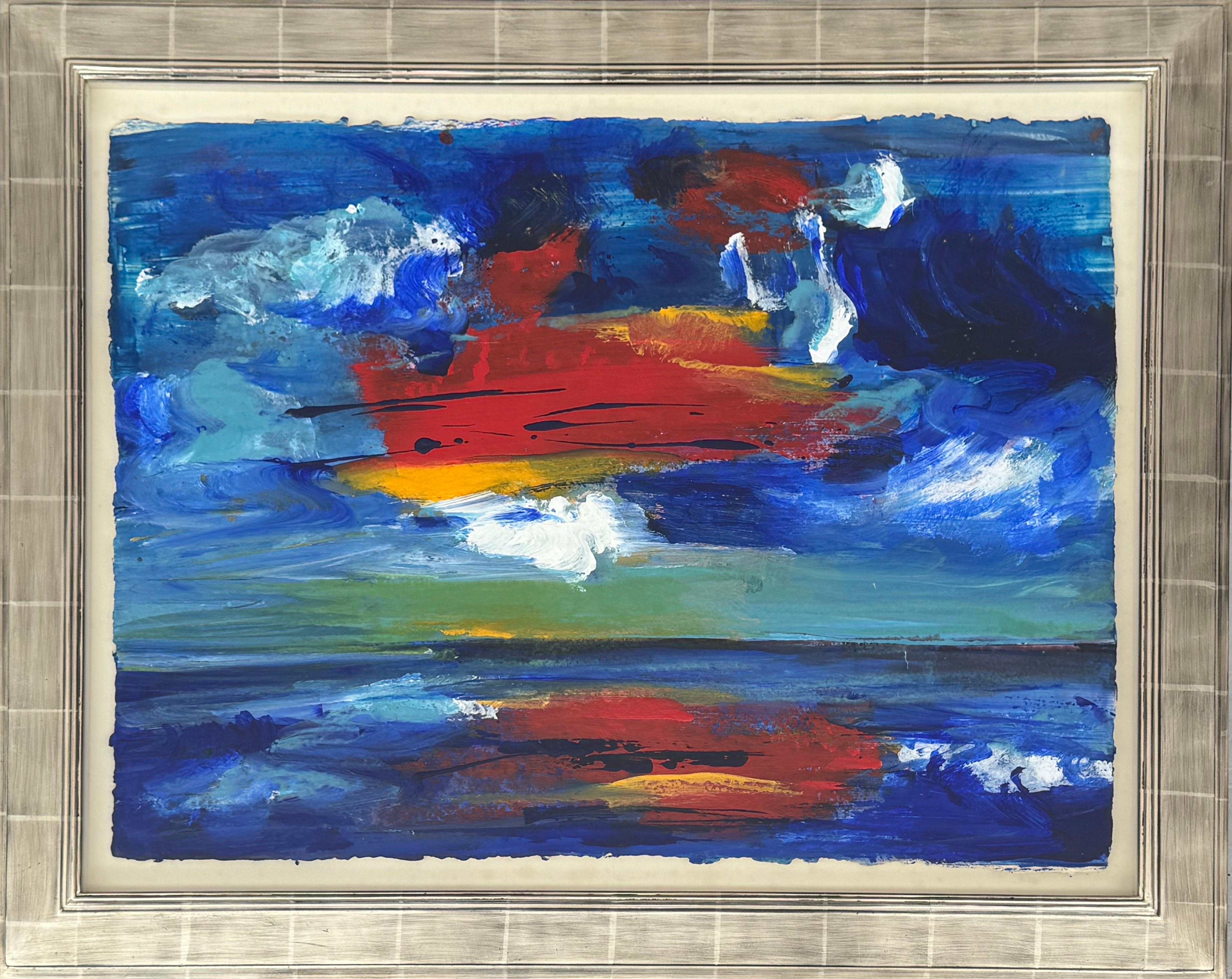 Margaret Francis Abstract Painting - California Sunset - Blue, Red & Yellow Modern Abstract Landscape Seascape Art