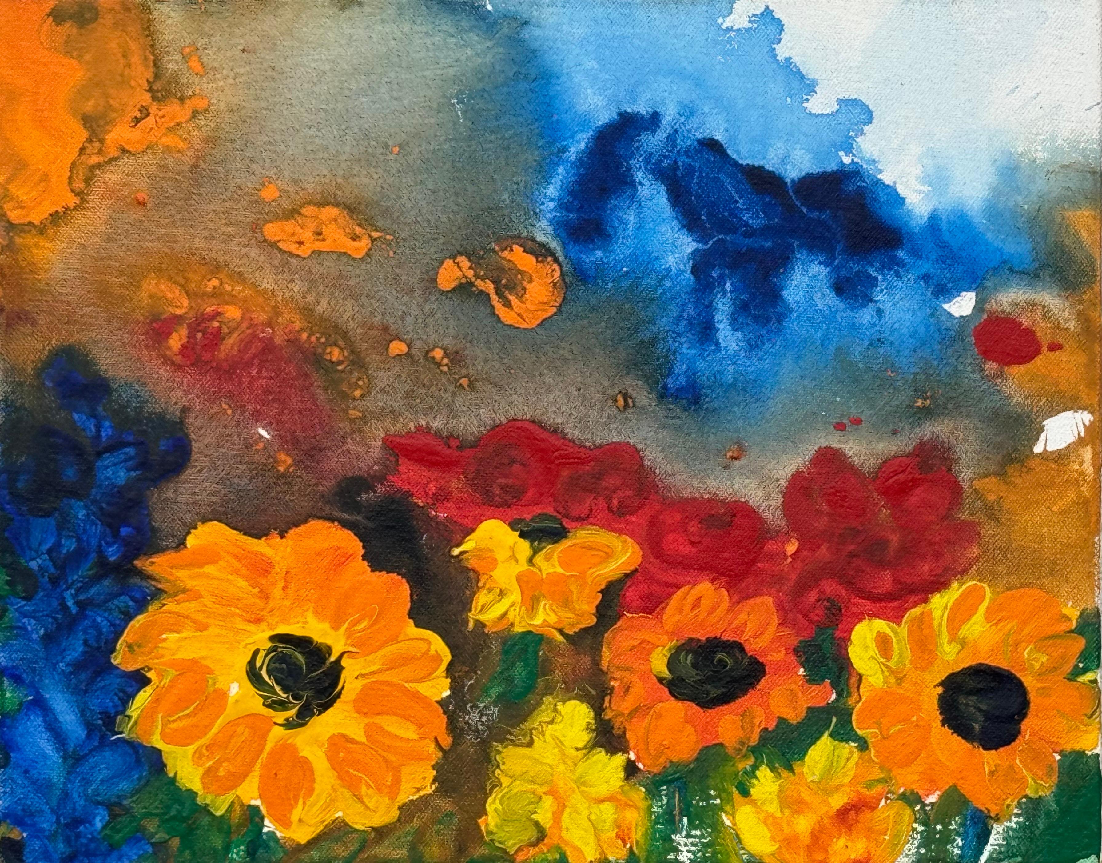 Margaret Francis Landscape Painting – „Ein Sommernachtstraum“ – Abstrakte rote, orangefarbene und rote Blumen, Öl auf Leinwand, 2002