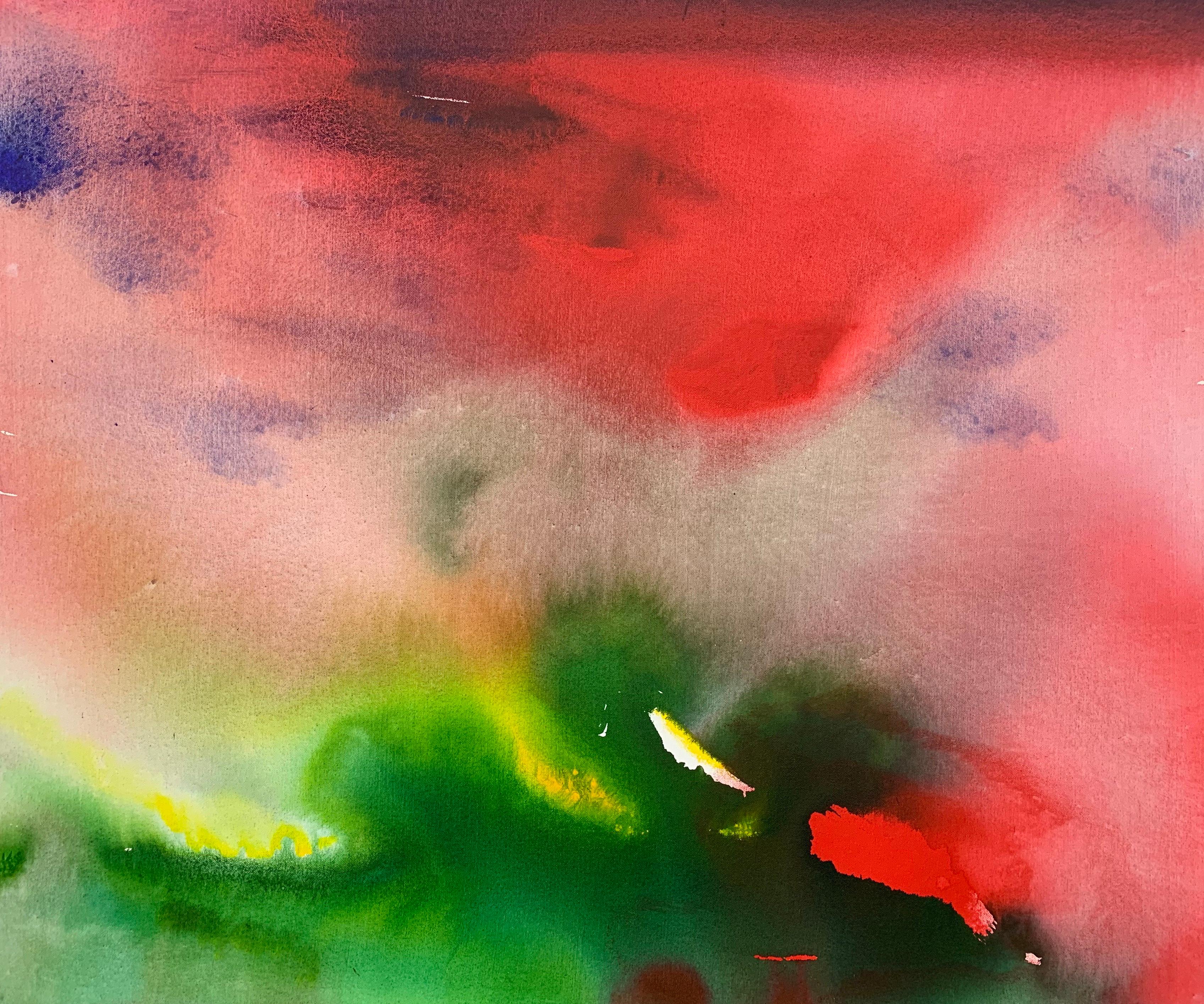 Rotes und grünes modernes abstraktes Landschaftsgemälde auf Leinwand des britischen Künstlers  – Painting von Margaret Francis