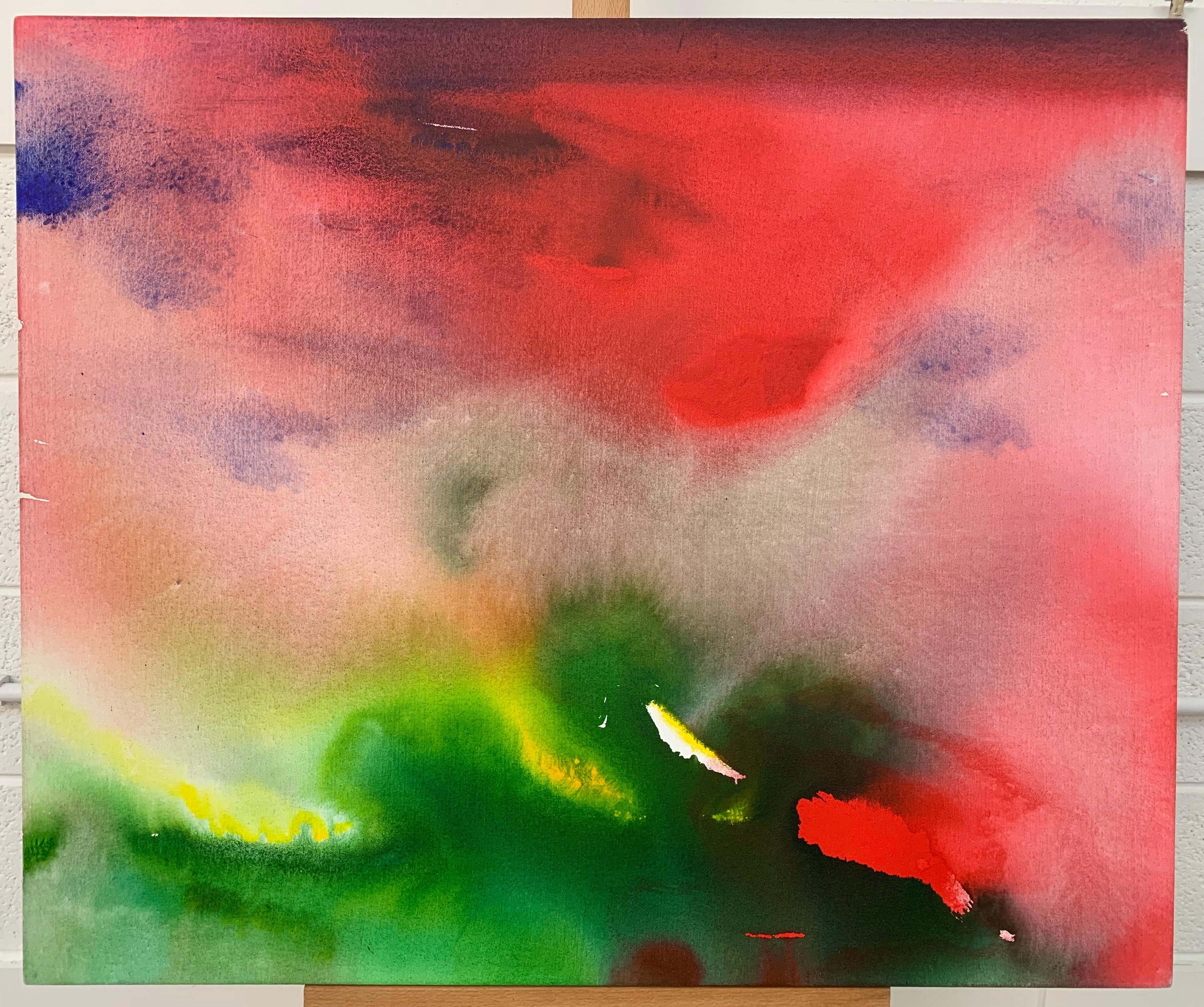 Rotes und grünes modernes abstraktes Landschaftsgemälde auf Leinwand des britischen Künstlers  (Abstrakt), Painting, von Margaret Francis
