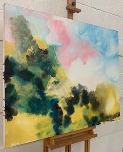 Sunny Air Abstract Landscape Painting with Soft Pink Green Blue Yellow Colours