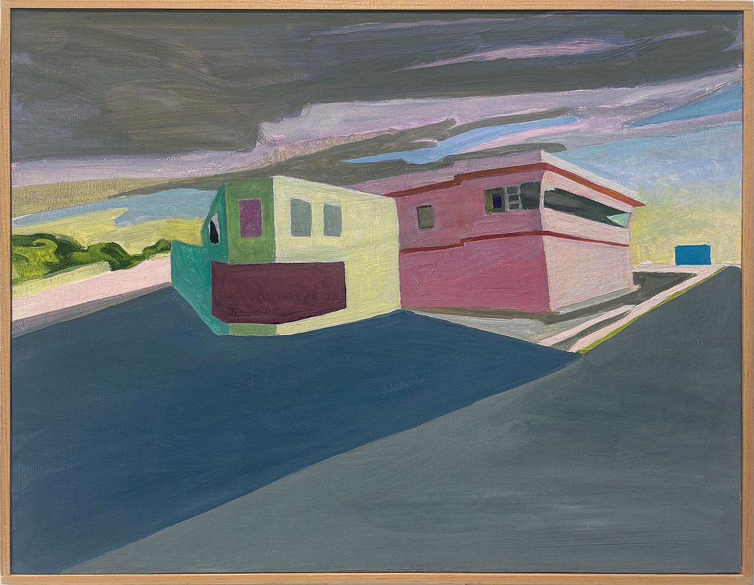 Dos Edificios en Covington, Tennessee (Pintura al Óleo Edificios Rosas/Verdes) - Painting de Margaret G. Still