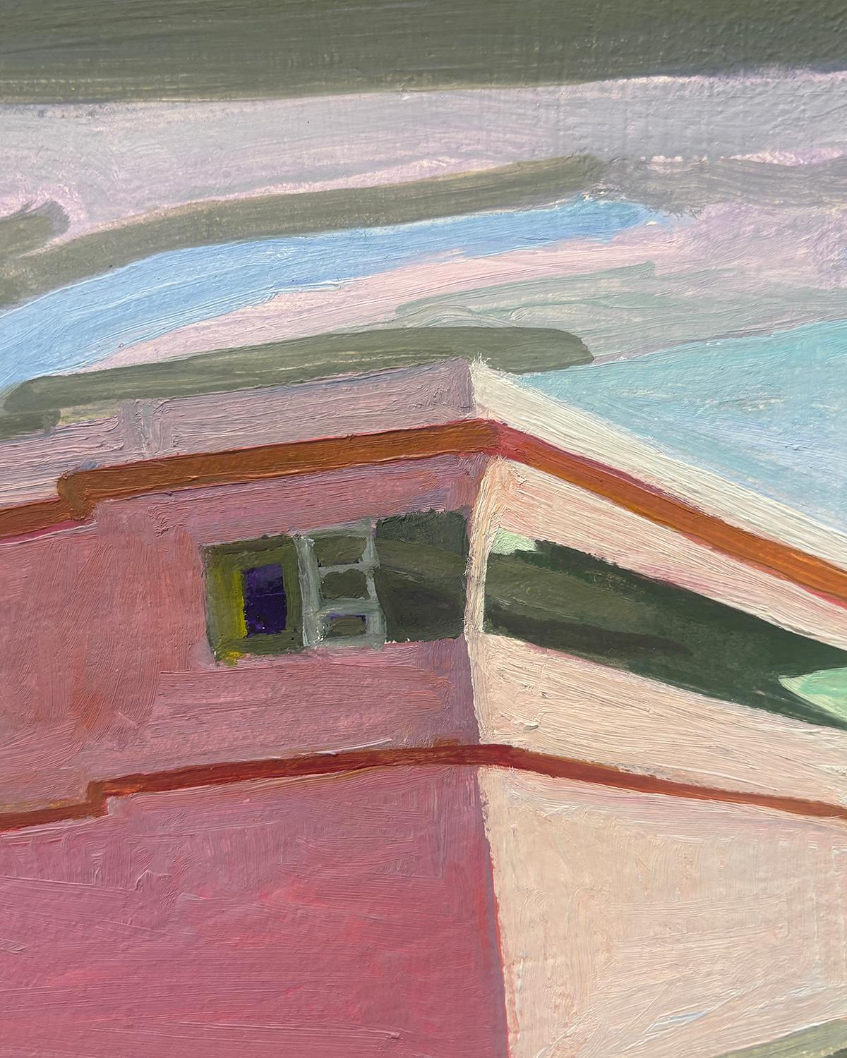 Dos edificios en Covington, Tennessee (Pintura al óleo Edificio rosa/verde)
Realizado en 2023 por la artista afincada en Berkshire Margaret G. Still
Óleo sobre lienzo, 14 x 18 pulgadas

Los tonos desaturados del fondo resaltan los colores más vivos