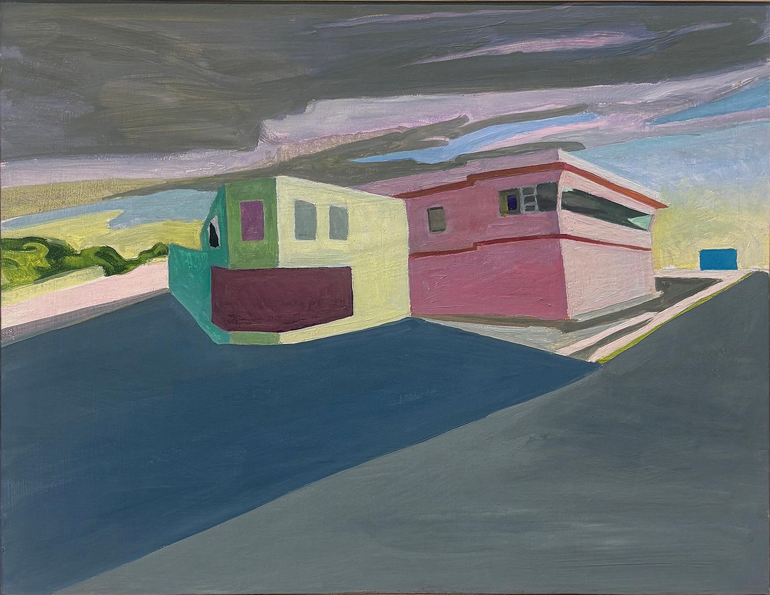 Landscape Painting de Margaret G. Still - Dos Edificios en Covington, Tennessee (Pintura al Óleo Edificios Rosas/Verdes)