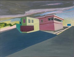 Two Buildings in Covington, Tennessee (Oil Painting Pink/Green Buildings)