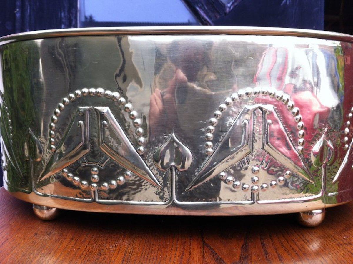 English Margaret Gilmour, Attr. Arts & Crafts Brass Planter with Embossed Kissing Birds For Sale