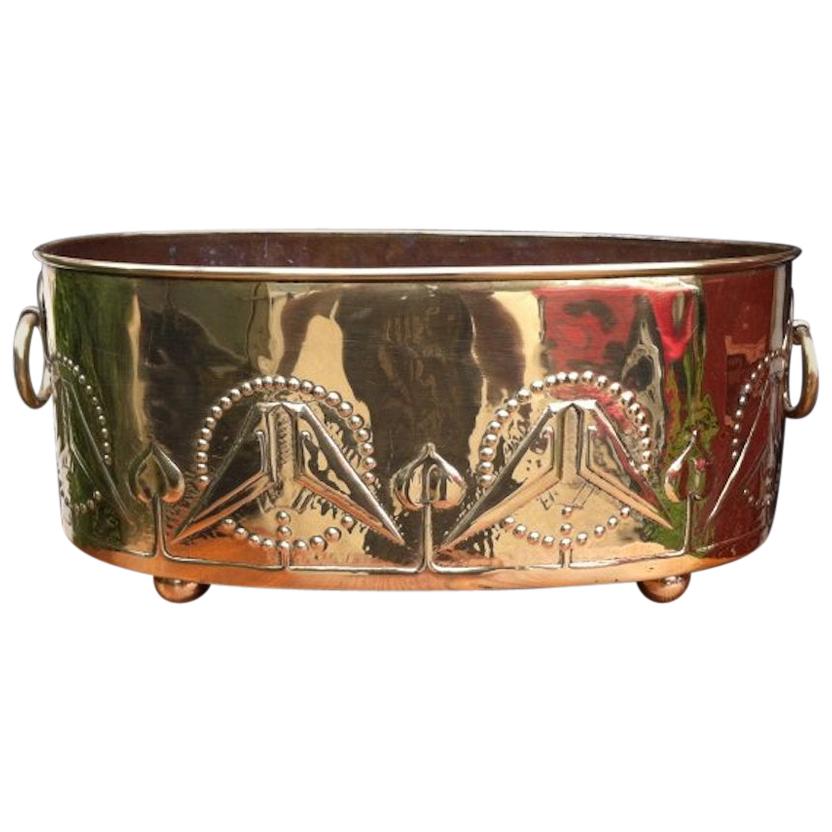Margaret Gilmour, Attr. Arts & Crafts Brass Planter with Embossed Kissing Birds For Sale