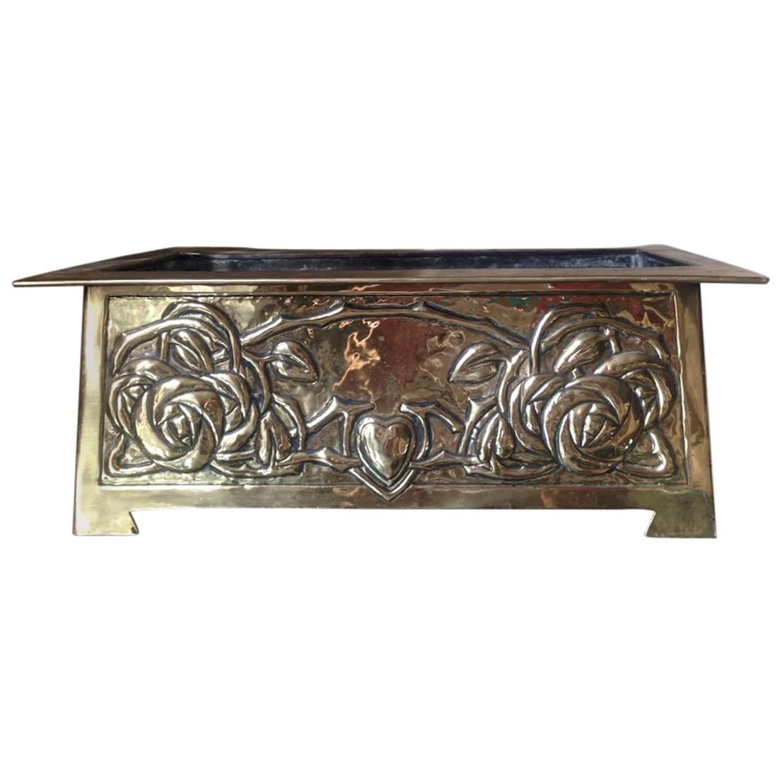 Margaret Gilmour, Attributed a Glasgow School Brass Planter with Stylised Roses For Sale