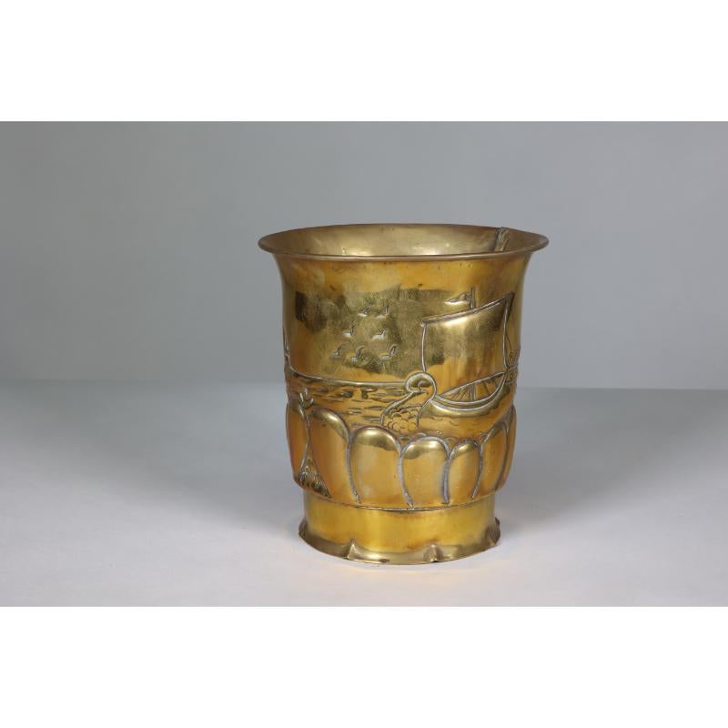 Arts and Crafts Margaret Gilmour School. An Arts & Crafts brass planter with a galleon at sea. For Sale