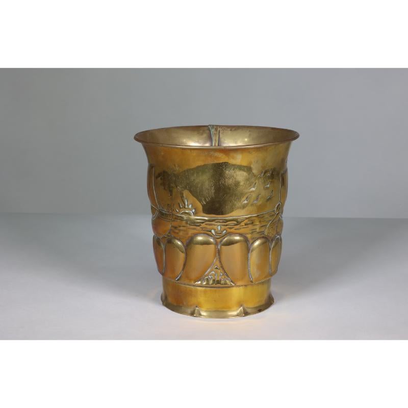 English Margaret Gilmour School. An Arts & Crafts brass planter with a galleon at sea. For Sale