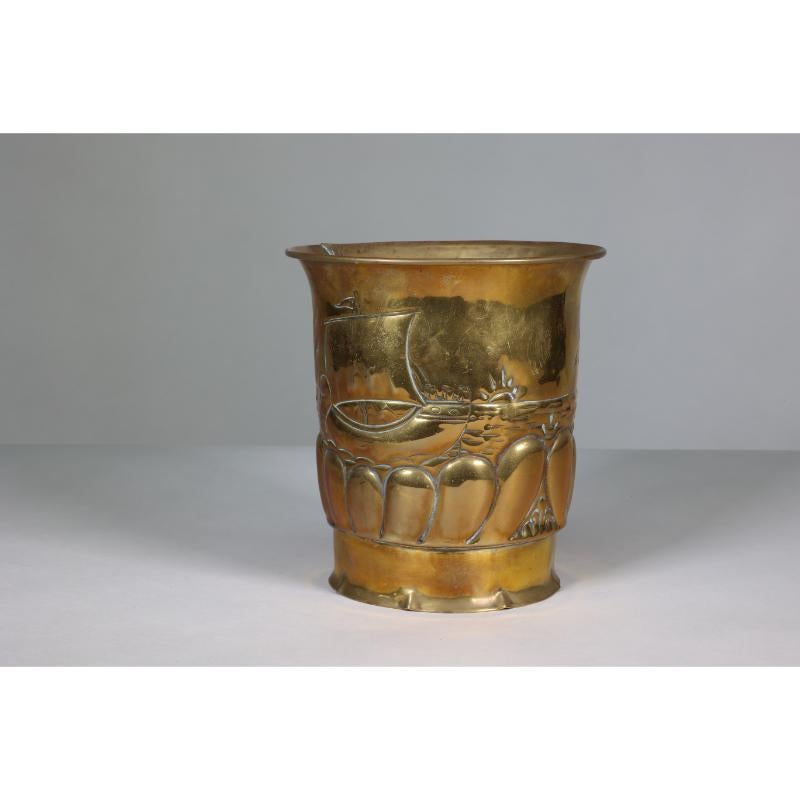 Early 20th Century Margaret Gilmour School. An Arts & Crafts brass planter with a galleon at sea. For Sale