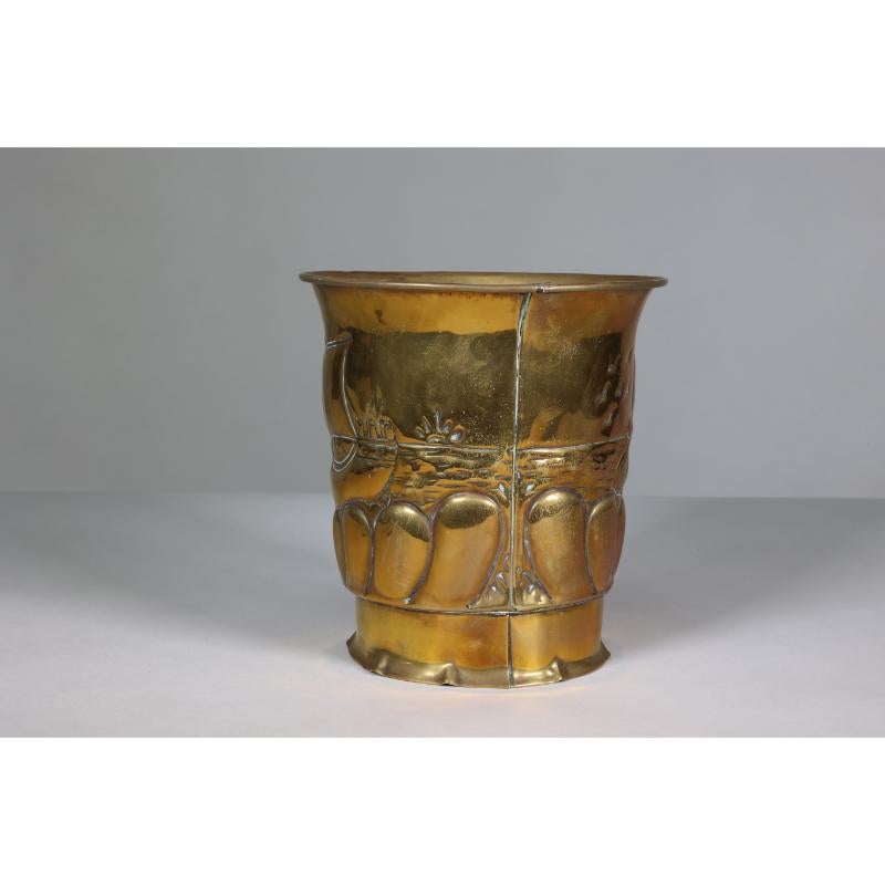Brass Margaret Gilmour School. An Arts & Crafts brass planter with a galleon at sea. For Sale