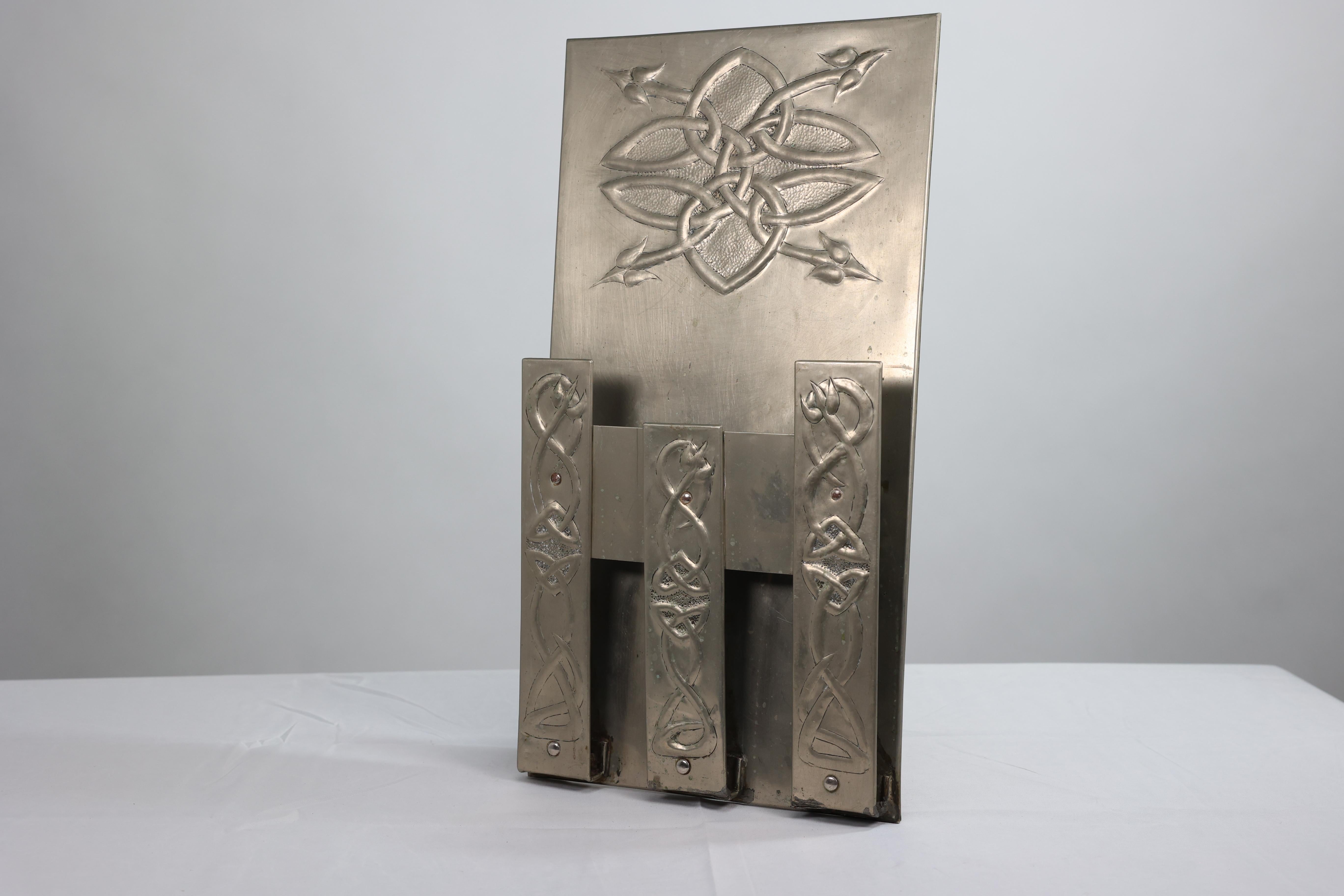 Arts and Crafts Margaret Gilmour school. Arts & Crafts silver plated Celtic decorated wall rack For Sale