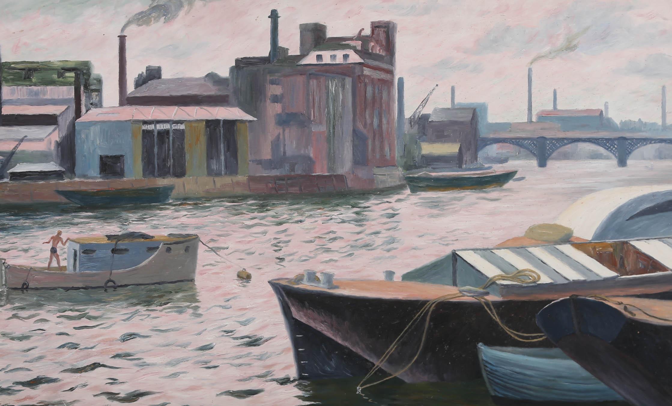 A eye-catching, mid century modern composition by Margaret Graeme Niven (1906-1997), depicting Chelsea harbour and embankment, with industrial buildings lining part of the Thames. The artist has signed to the lower right-hand corner, and the