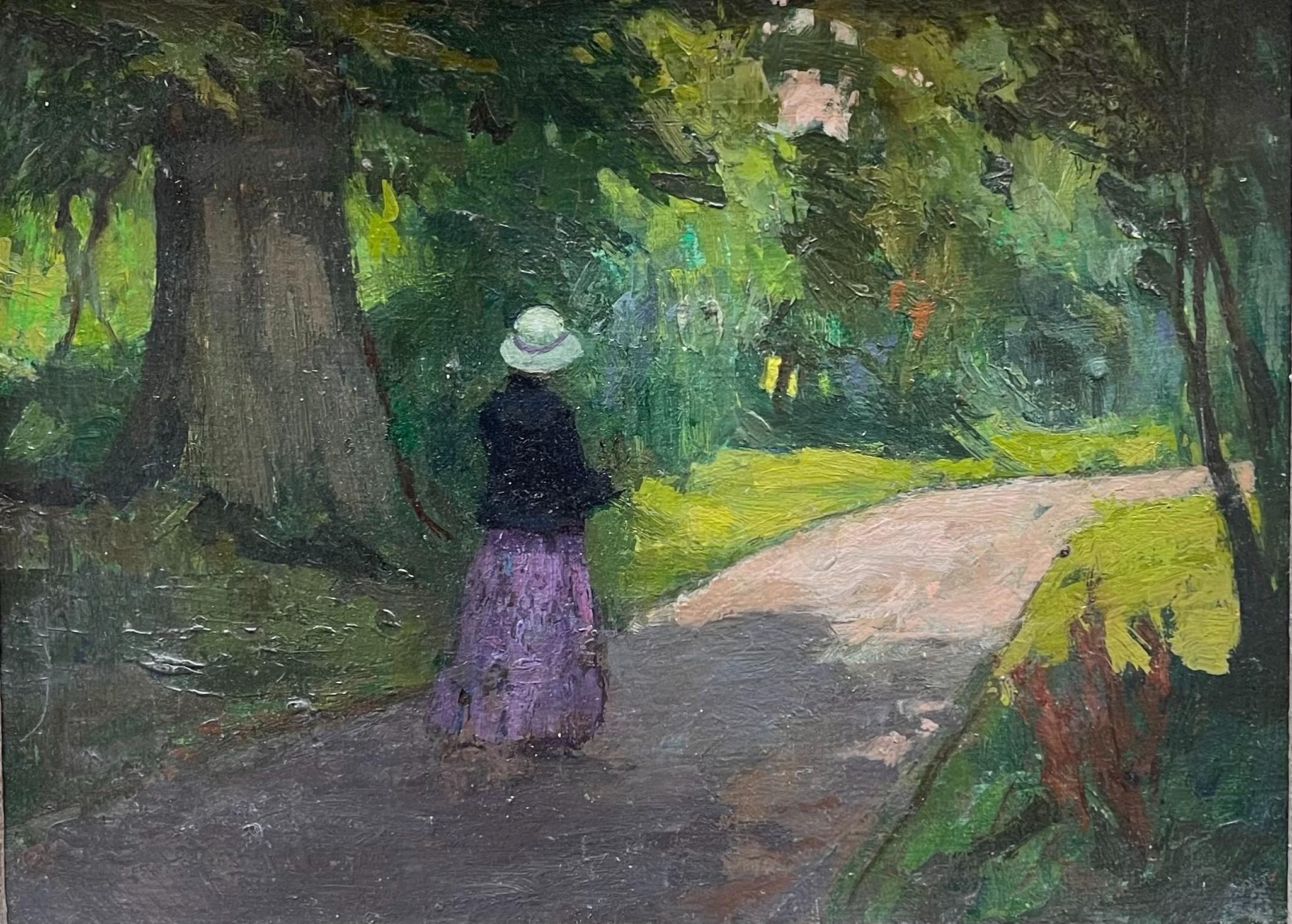 Margaret Green
Une promenade dans l'après-midi
1925-2003
Huile sur panneau, monogrammé au verso
Taille de l'image : 14 x 10 1/2 pouces (35,7 x 26,6 cm)
Cadre artisanal de style contemporain

Cette œuvre est dominée par une forte palette de verts,