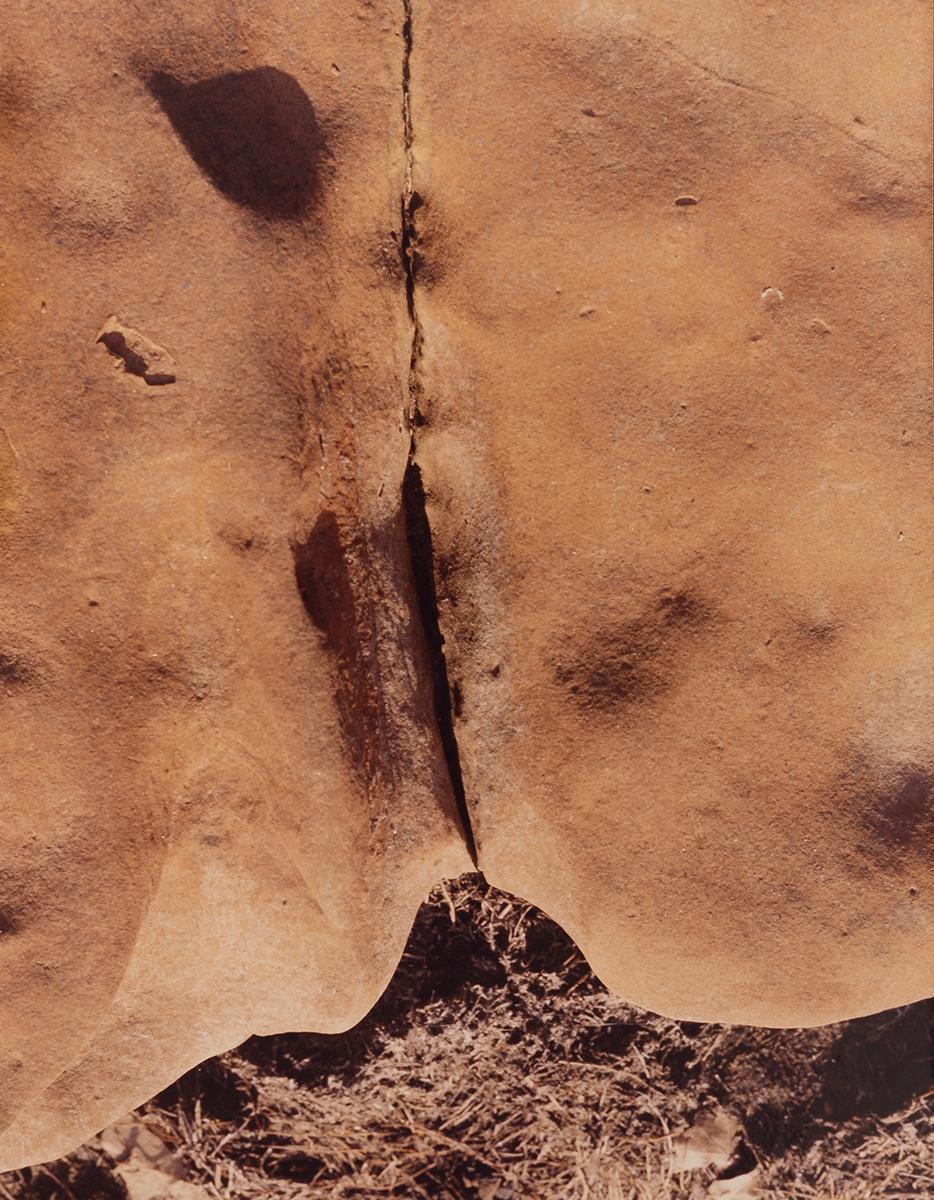 Nude Rock by Margaret Hicks depicts a detailed shot of cracks on  a tan rock. The shape of the rock and placement of the crack give the illusion of the female body.

Nude Rock is a 14 x 11 inch C-Print, mounted onto a 16 x 20 inch black board. This