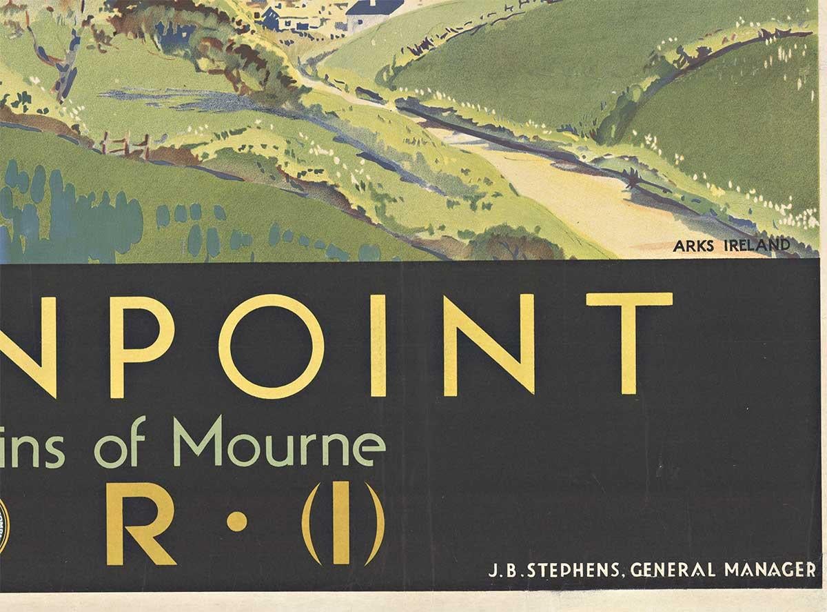 WARRENPOINT AND THE MOUNTAINS (Ireland) Original-Reiseplakat (Grau), Landscape Print, von Margaret Horder