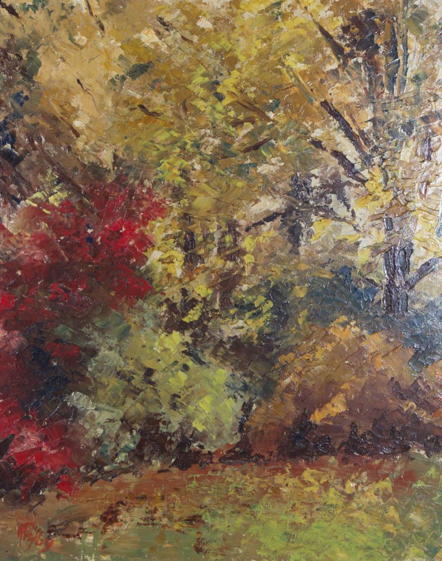 A captivating oil painting by the artist Margaret Pullan. The scene depicts a garden landscape in Autumn with trees. In impasto brushstrokes, the artist was able to create an expressive and well-balanced composition, highlighting the simple beauty